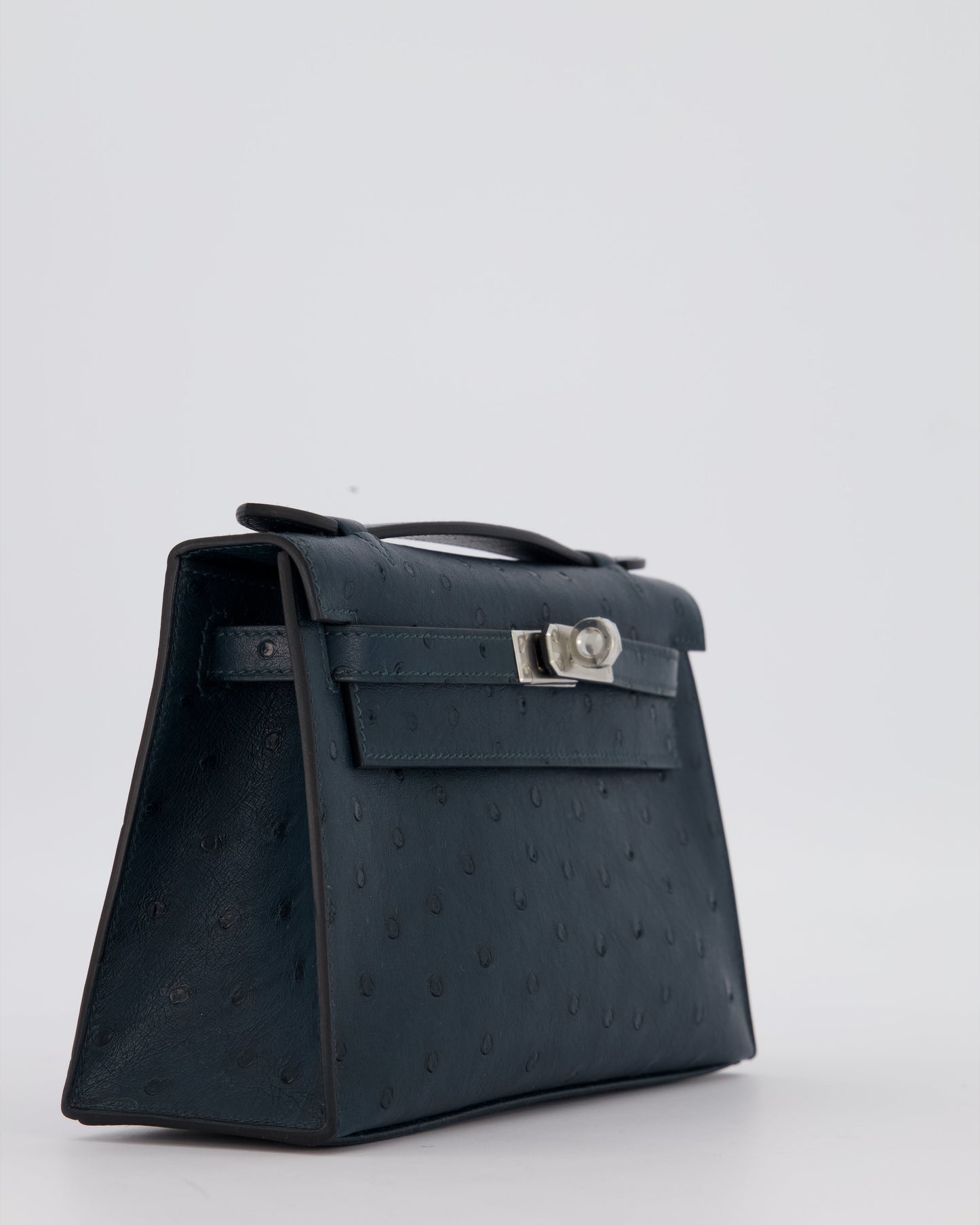 *SUPER RARE* Hermes Mini Kelly Pochette Bag in Vert Cypres Ostrich Leather with Palladium Hardware