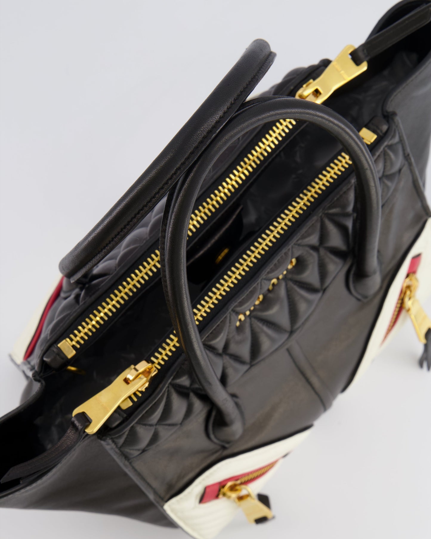 Miu Miu Black, White and Red Leather Biker Bag with Zip Details and Gold Hardware