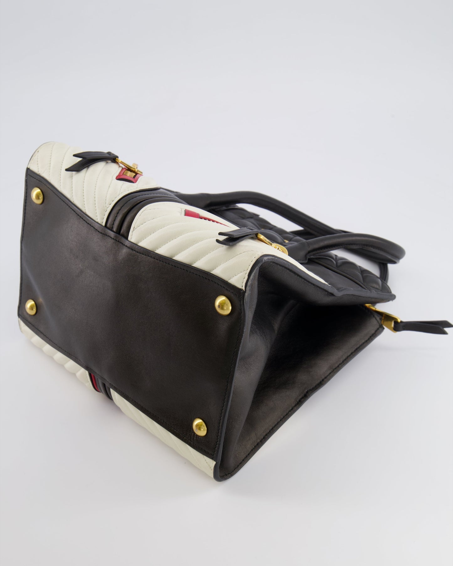Miu Miu Black, White and Red Leather Biker Bag with Zip Details and Gold Hardware