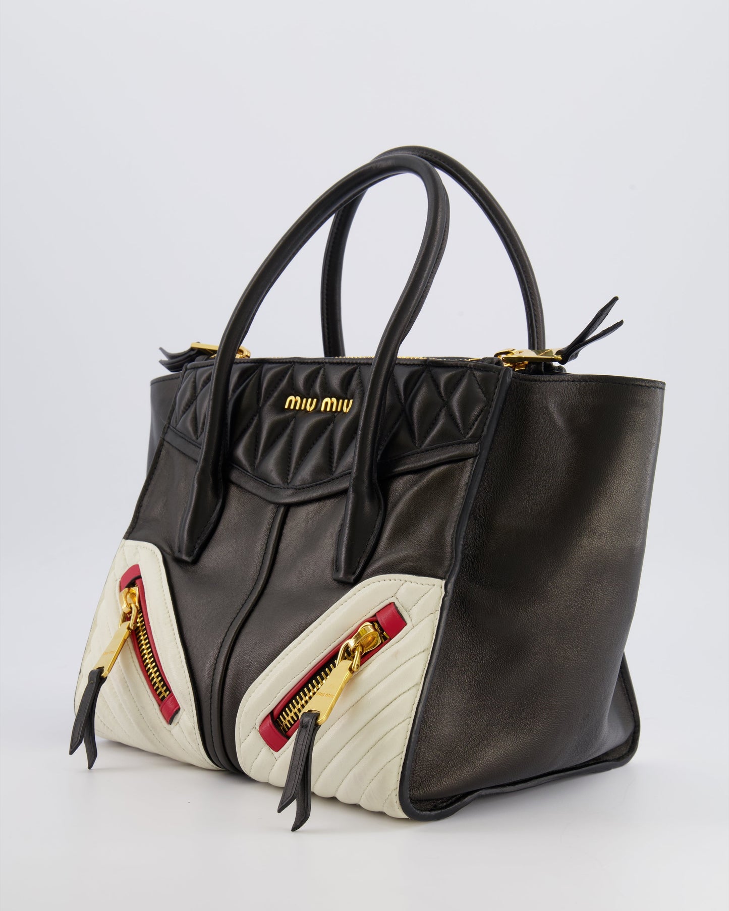 Miu Miu Black, White and Red Leather Biker Bag with Zip Details and Gold Hardware
