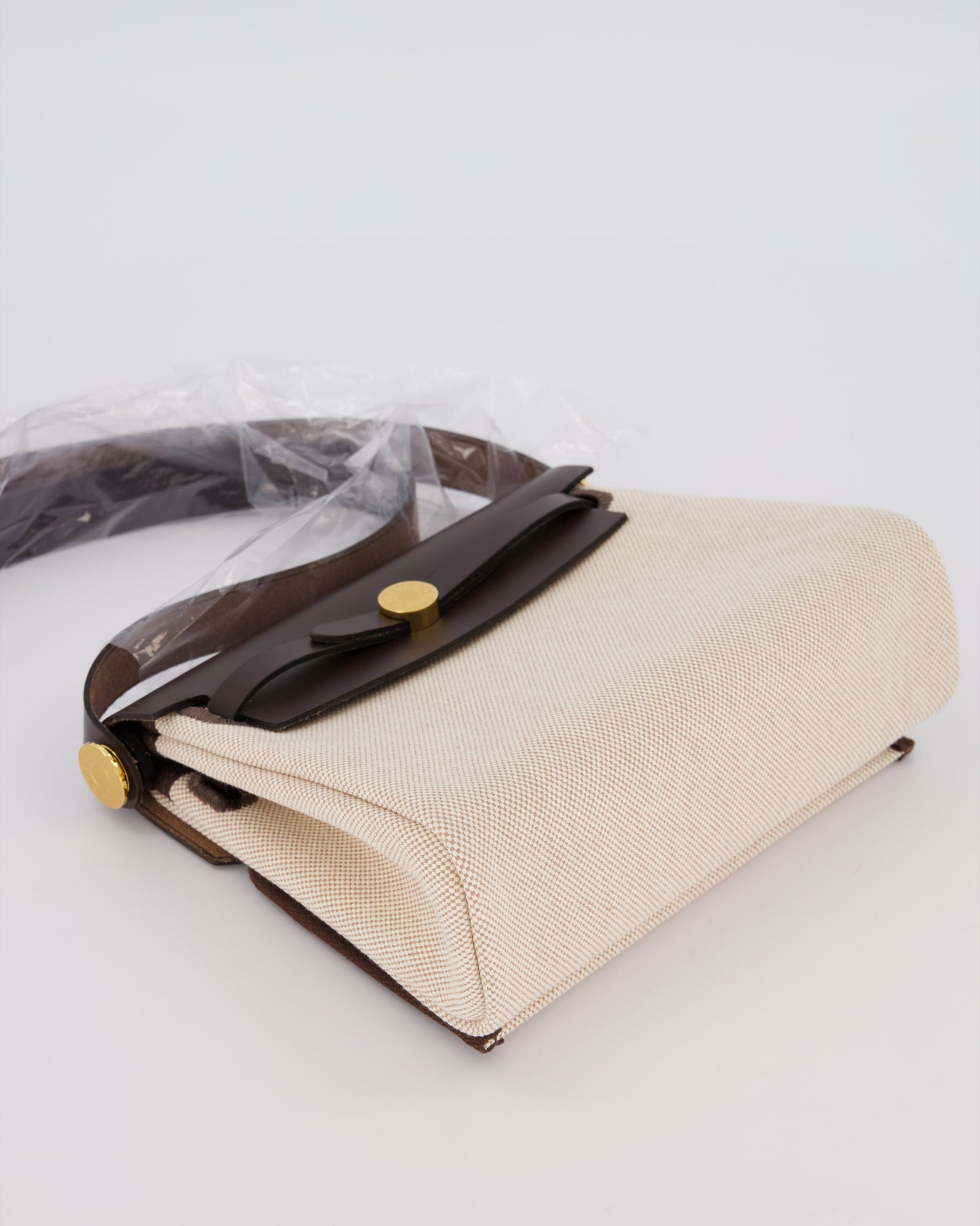 *HOT & RARE* Hermes Mini Herbag Zip 20 Bag in Ebene Vache Hunter Leather & Ecru/Beige Viking Canvas with Gold Hardware