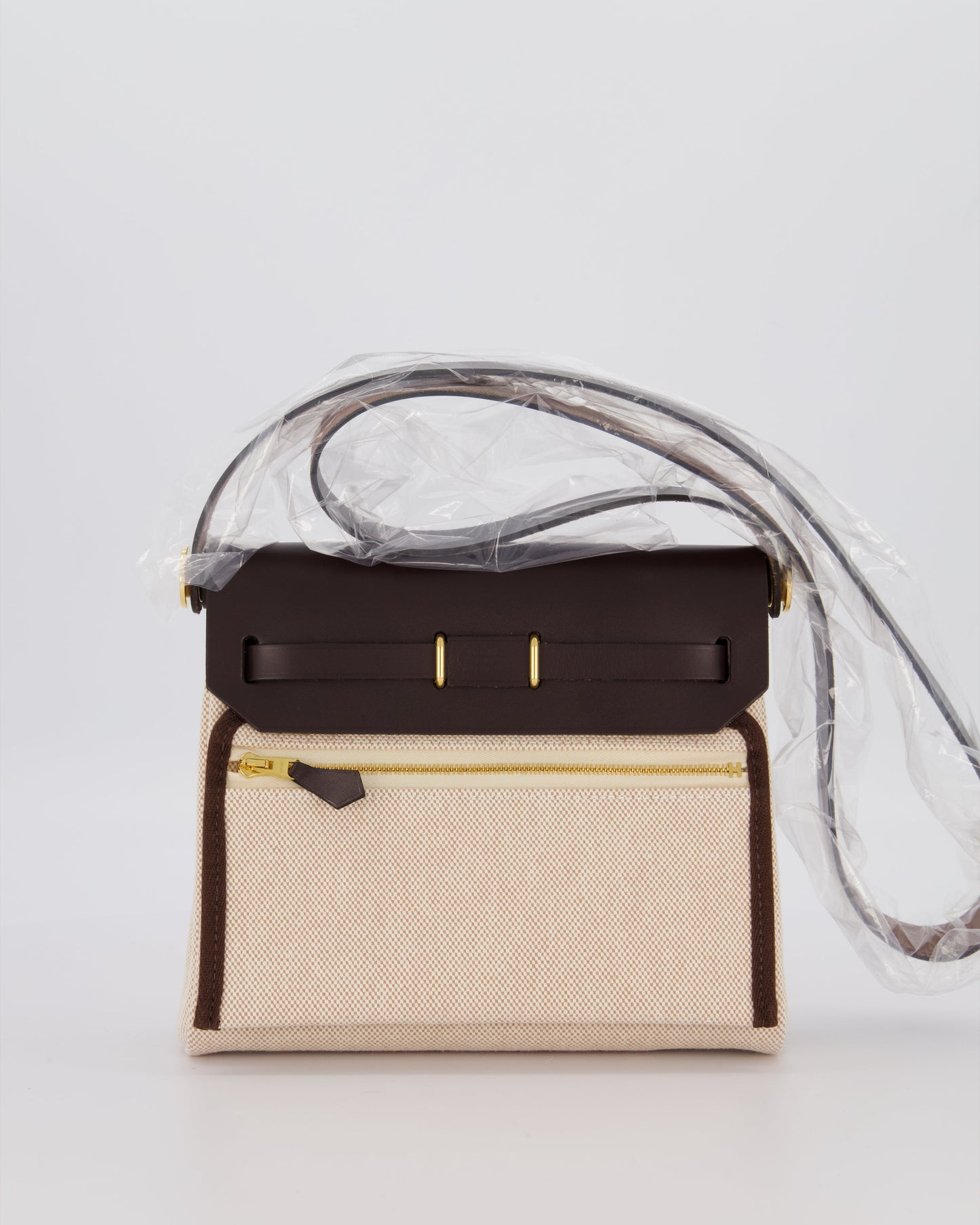 *HOT & RARE* Hermes Mini Herbag Zip 20 Bag in Ebene Vache Hunter Leather & Ecru/Beige Viking Canvas with Gold Hardware
