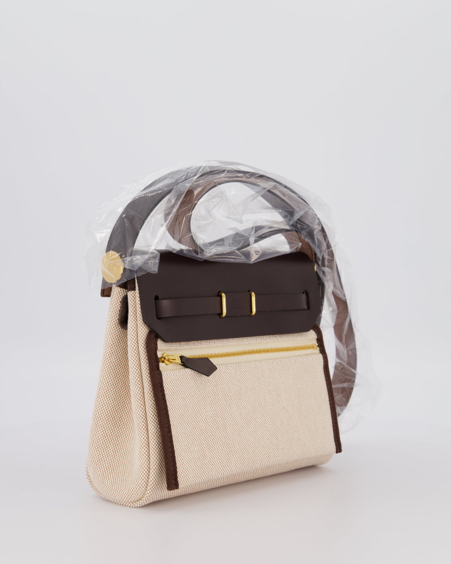 *HOT & RARE* Hermes Mini Herbag Zip 20 Bag in Ebene Vache Hunter Leather & Ecru/Beige Viking Canvas with Gold Hardware