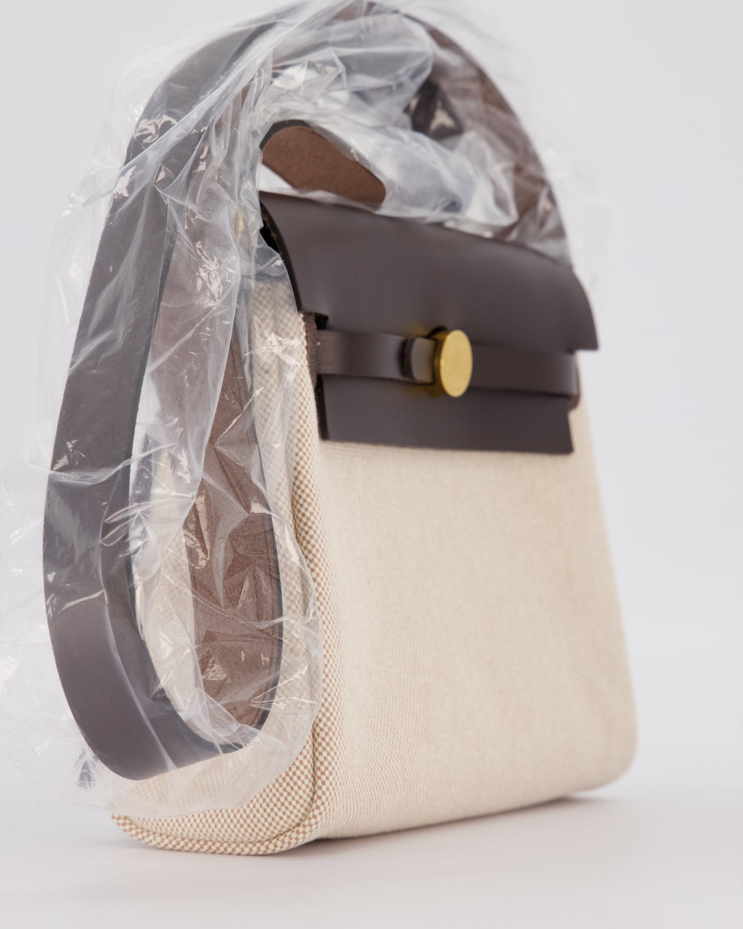 *HOT & RARE* Hermes Mini Herbag Zip 20 Bag in Ebene Vache Hunter Leather & Ecru/Beige Viking Canvas with Gold Hardware