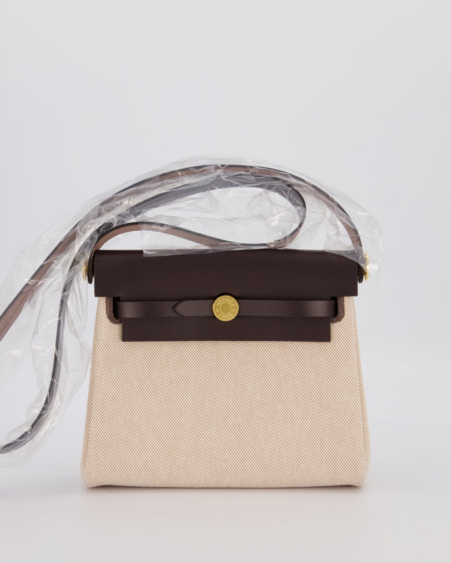 *HOT & RARE* Hermes Mini Herbag Zip 20 Bag in Ebene Vache Hunter Leather & Ecru/Beige Viking Canvas with Gold Hardware