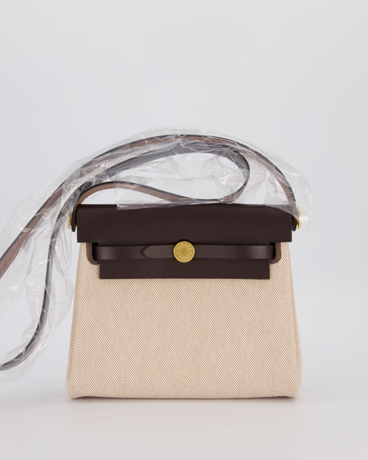 *HOT & RARE* Hermes Mini Herbag Zip 20 Bag in Ebene Vache Hunter Leather & Ecru/Beige Viking Canvas with Gold Hardware