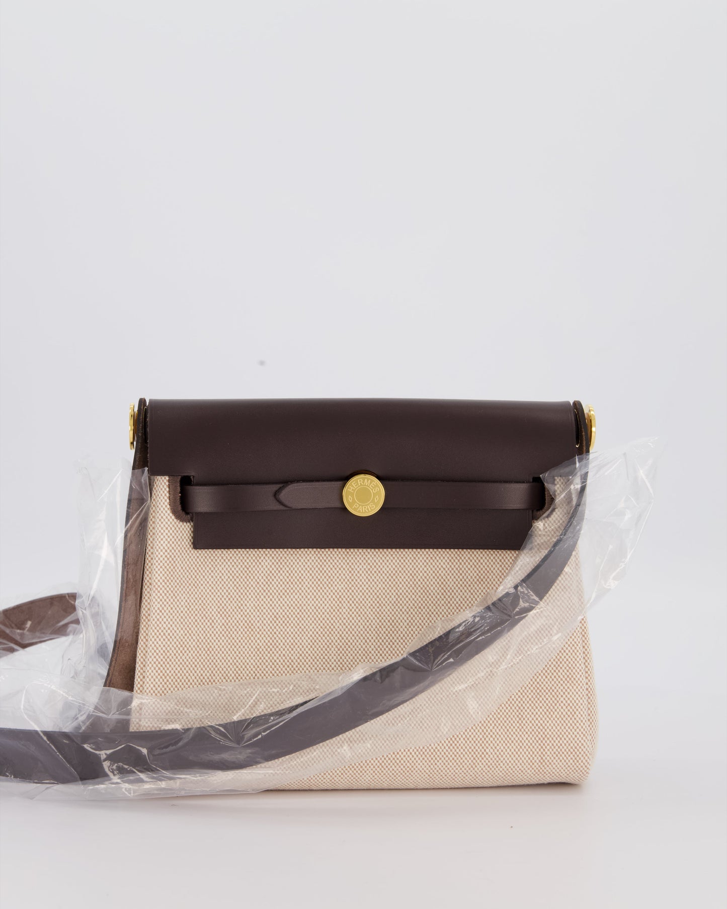 *HOT & RARE* Hermes Mini Herbag Zip 20 Bag in Ebene Vache Hunter Leather & Ecru/Beige Viking Canvas with Gold Hardware