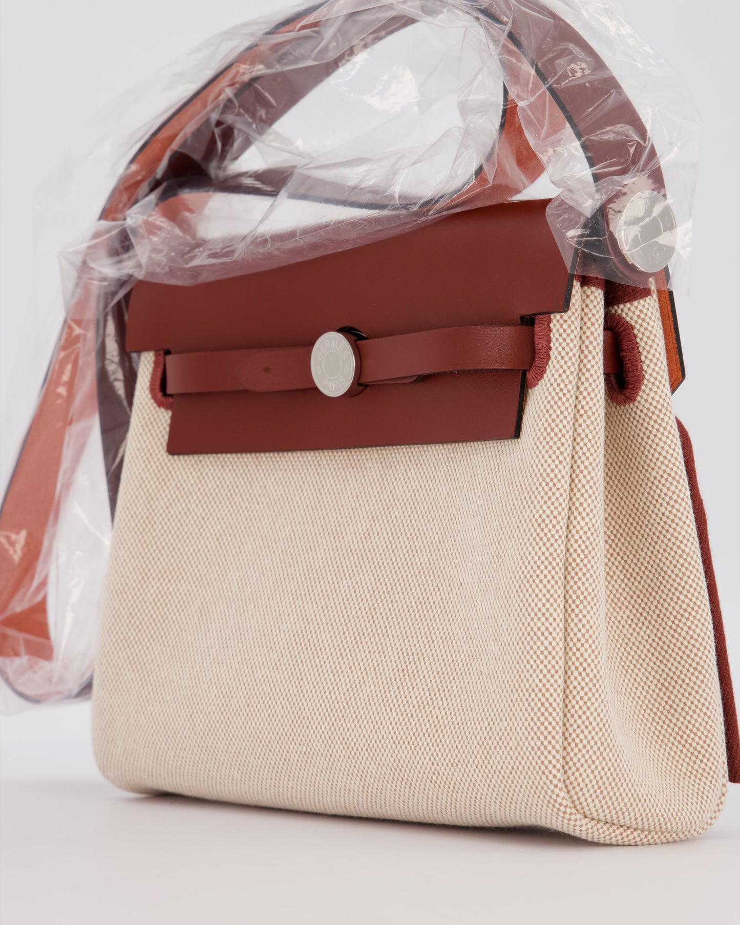 *HOT & RARE* Hermes Mini Herbag Zip 20 Bag in Rouge H Vache Hunter Leather & Ecru/Beige Viking Canvas with Palladium Hardware