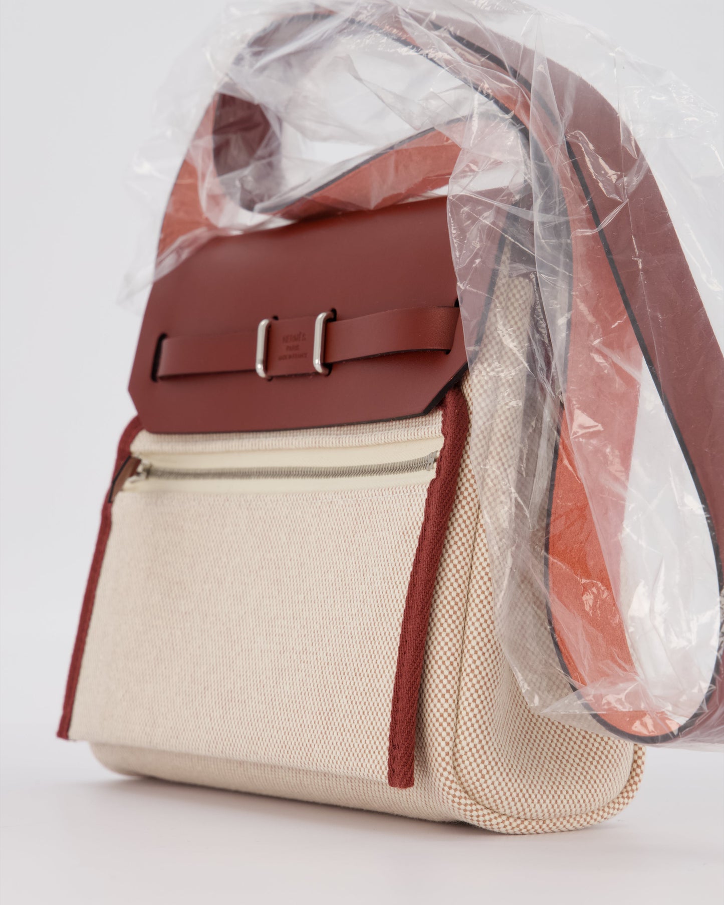 *HOT & RARE* Hermes Mini Herbag Zip 20 Bag in Rouge H Vache Hunter Leather & Ecru/Beige Viking Canvas with Palladium Hardware