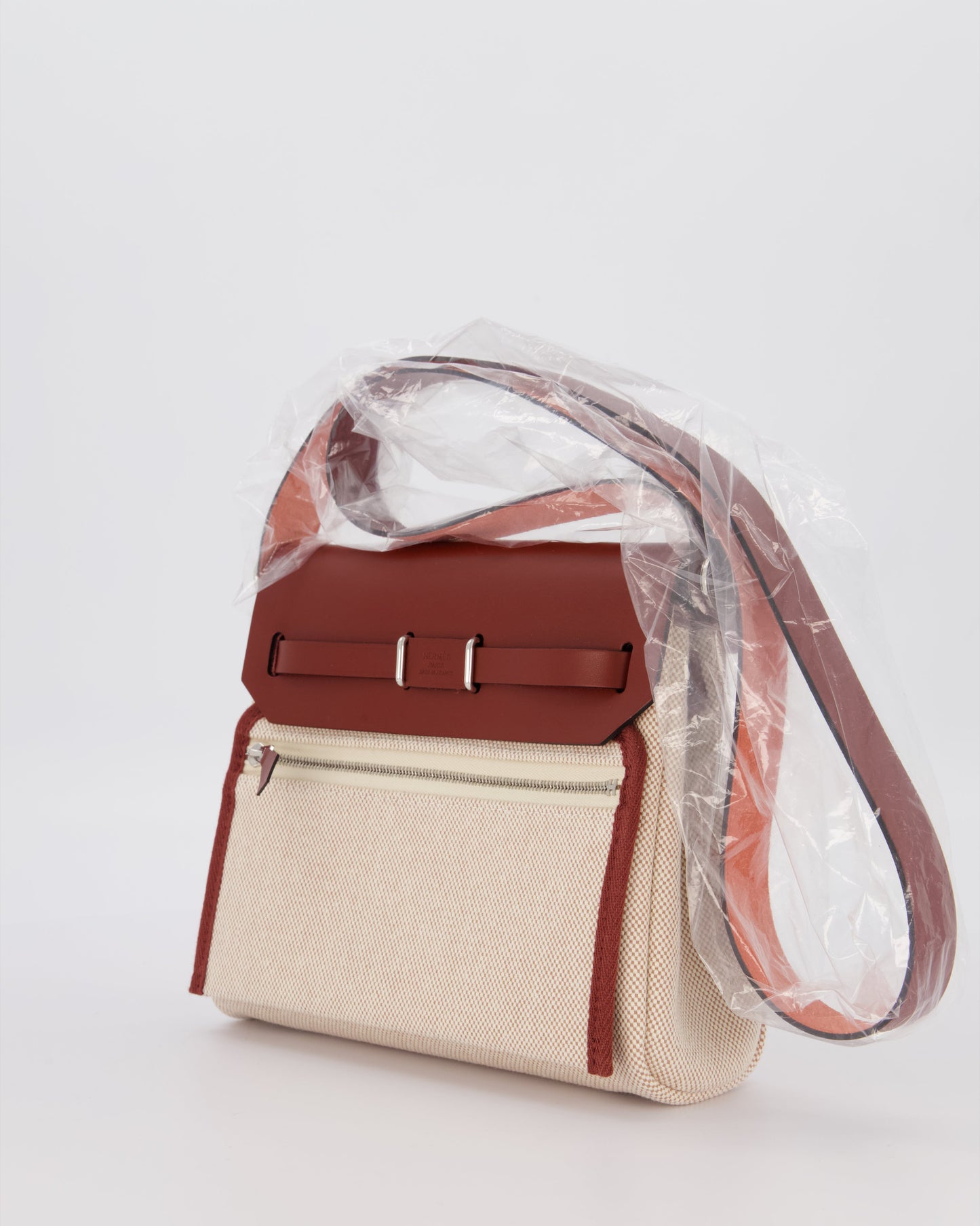 *HOT & RARE* Hermes Mini Herbag Zip 20 Bag in Rouge H Vache Hunter Leather & Ecru/Beige Viking Canvas with Palladium Hardware