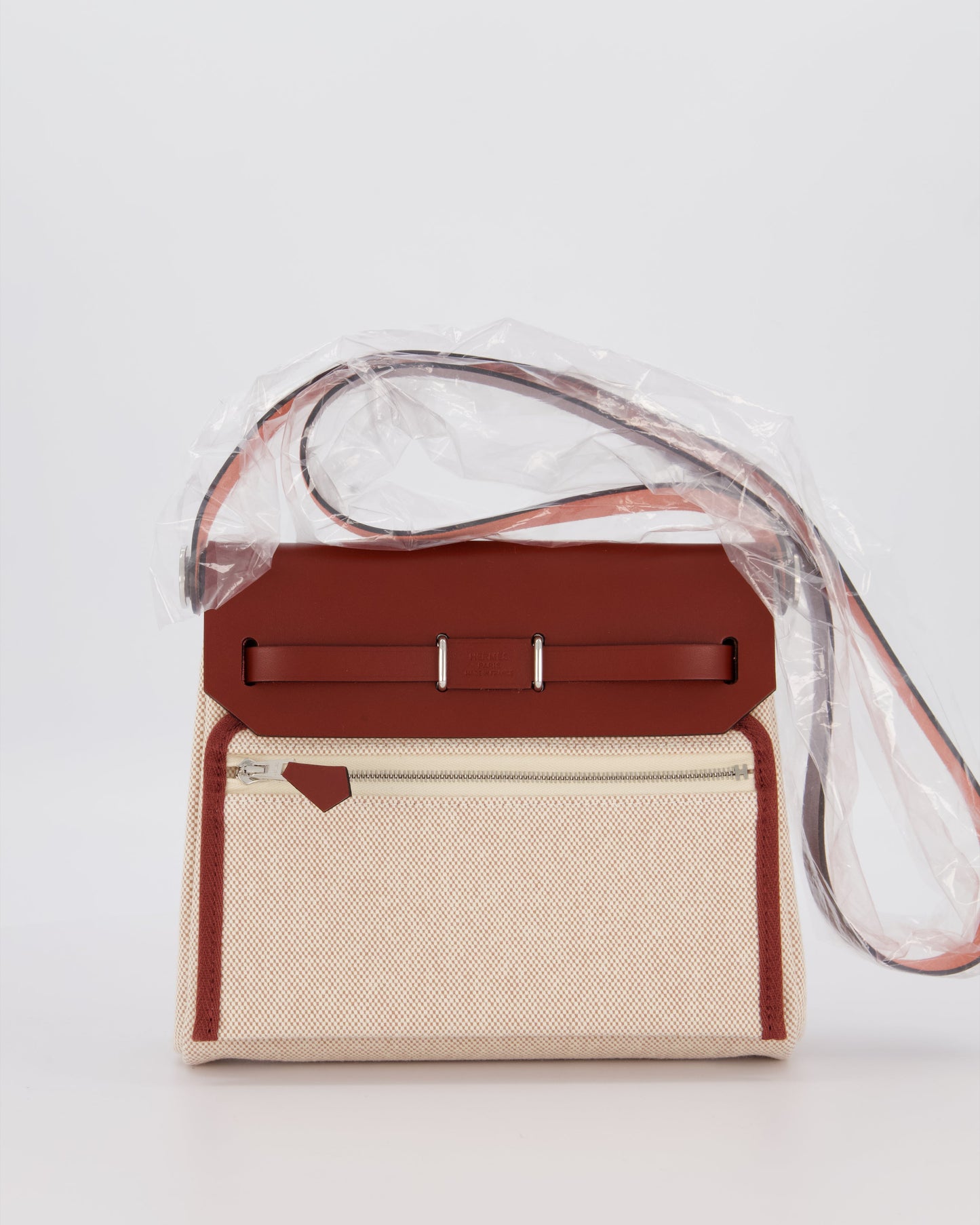 *HOT & RARE* Hermes Mini Herbag Zip 20 Bag in Rouge H Vache Hunter Leather & Ecru/Beige Viking Canvas with Palladium Hardware