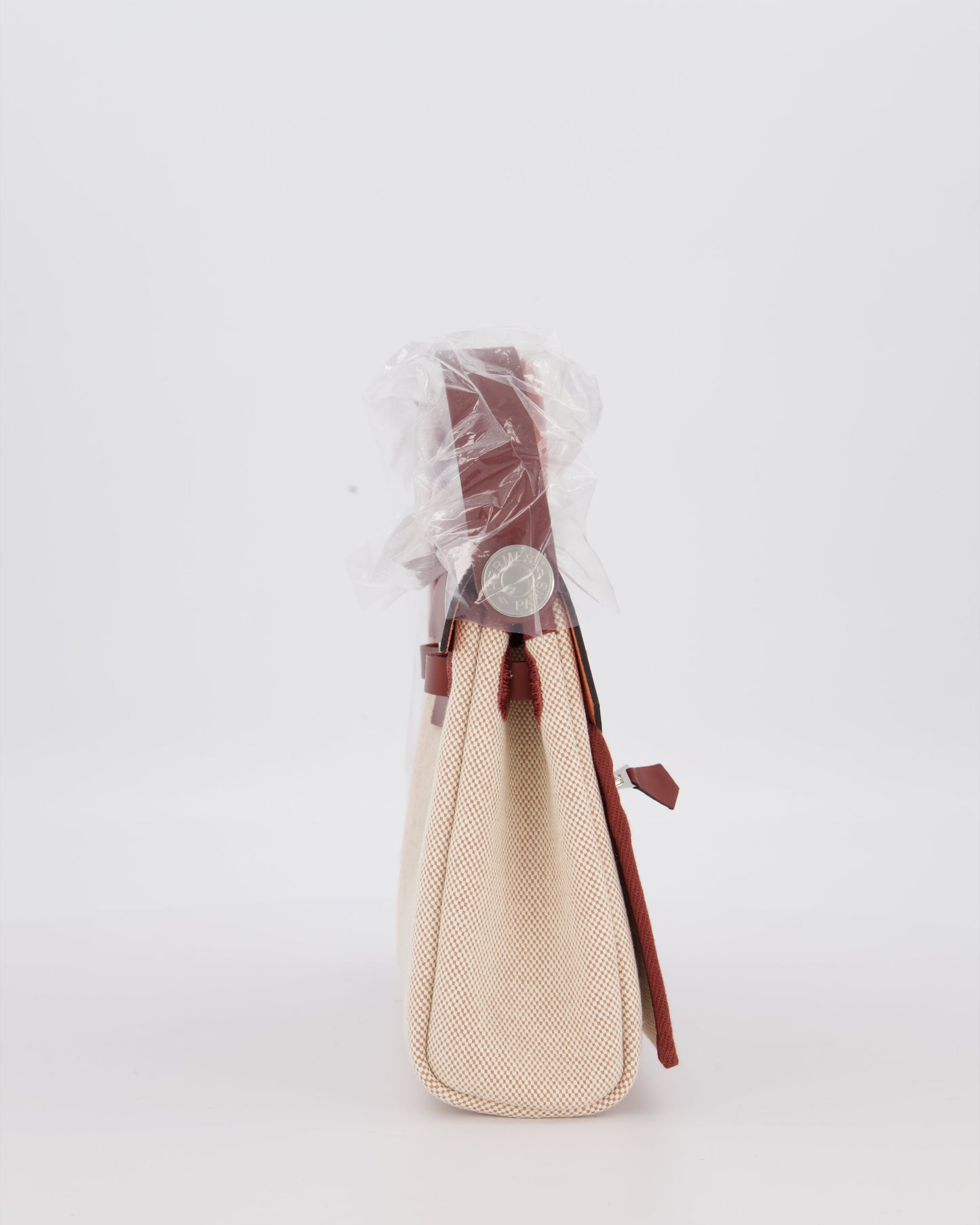 *HOT & RARE* Hermes Mini Herbag Zip 20 Bag in Rouge H Vache Hunter Leather & Ecru/Beige Viking Canvas with Palladium Hardware