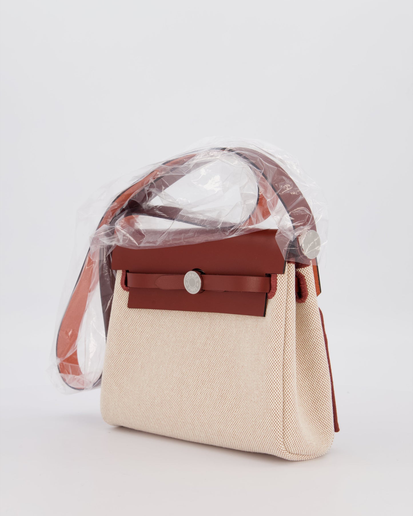 *HOT & RARE* Hermes Mini Herbag Zip 20 Bag in Rouge H Vache Hunter Leather & Ecru/Beige Viking Canvas with Palladium Hardware