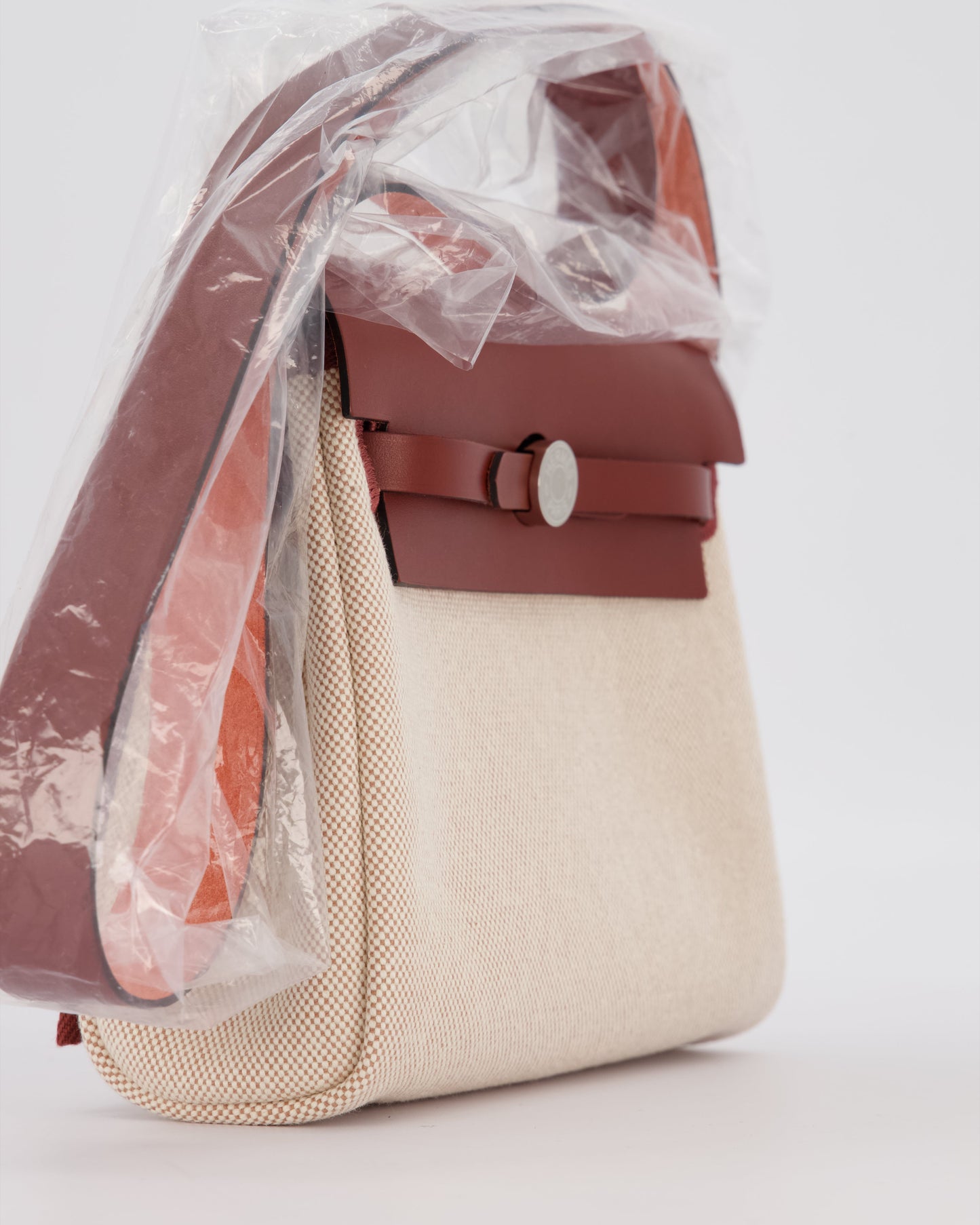 *HOT & RARE* Hermes Mini Herbag Zip 20 Bag in Rouge H Vache Hunter Leather & Ecru/Beige Viking Canvas with Palladium Hardware