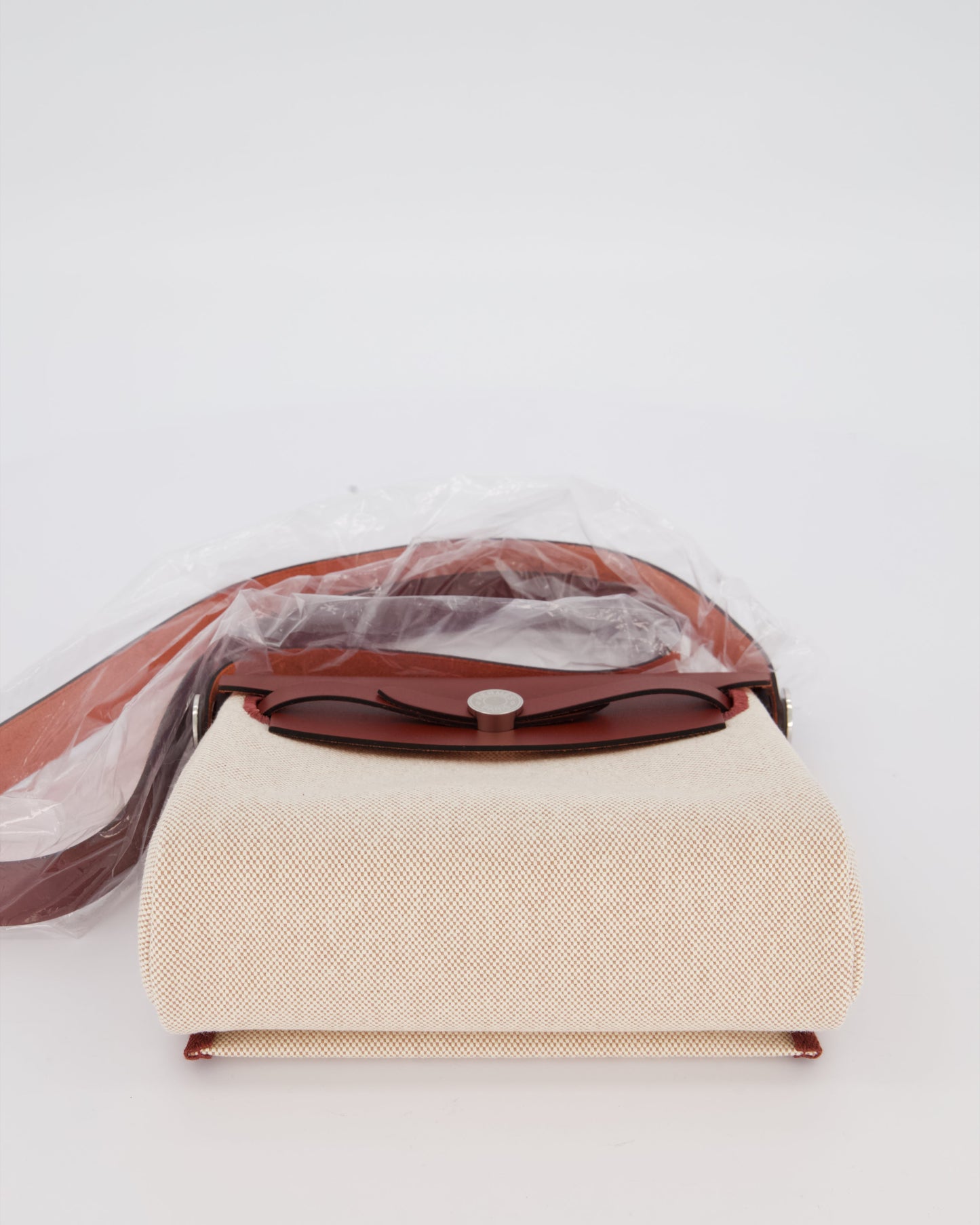 *HOT & RARE* Hermes Mini Herbag Zip 20 Bag in Rouge H Vache Hunter Leather & Ecru/Beige Viking Canvas with Palladium Hardware
