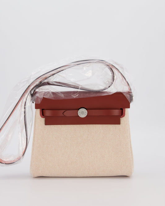 *HOT & RARE* Hermes Mini Herbag Zip 20 Bag in Rouge H Vache Hunter Leather & Ecru/Beige Viking Canvas with Palladium Hardware