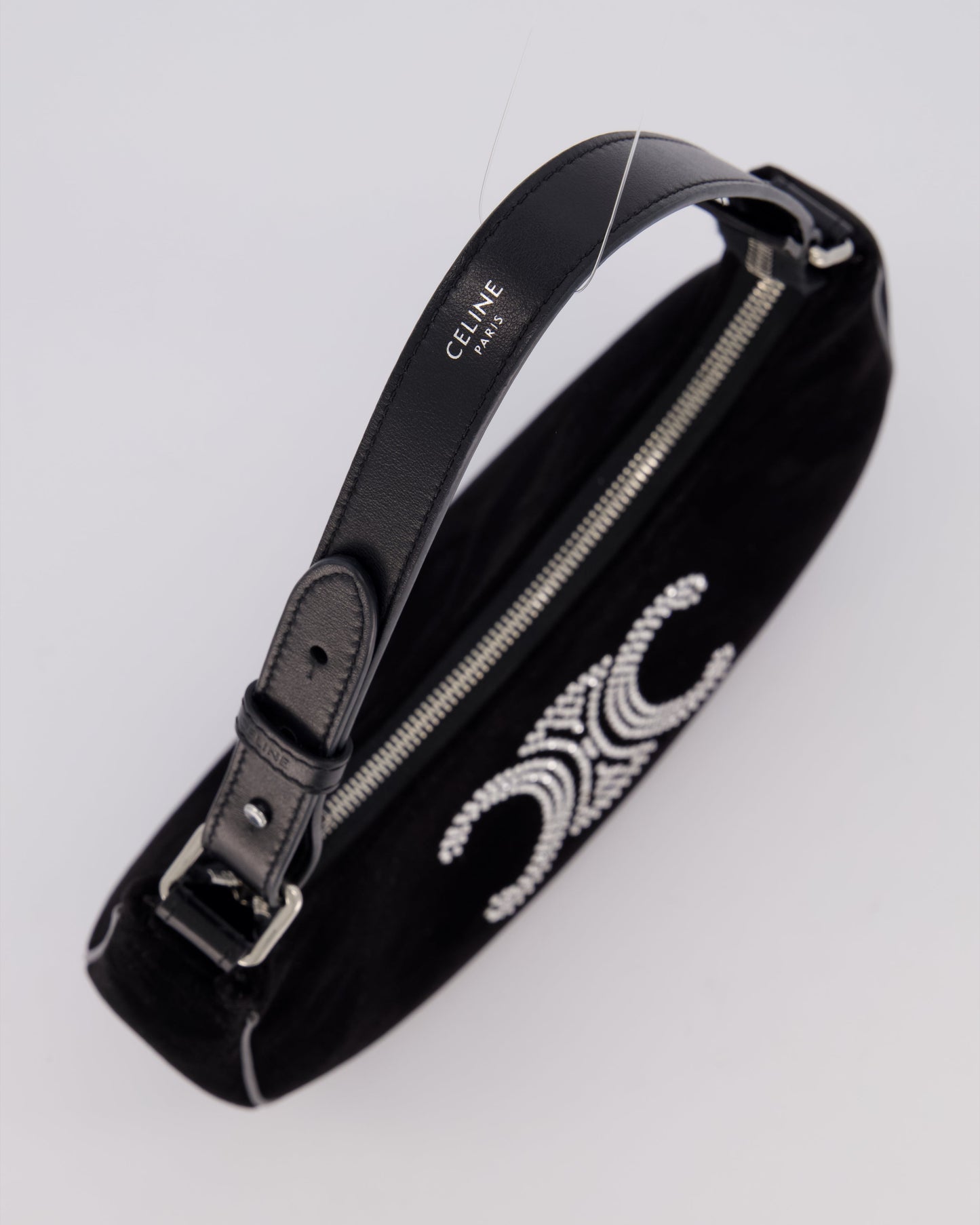 Celine Black Ava Triophe Shoulder Bag in Velvet with Crystal Details