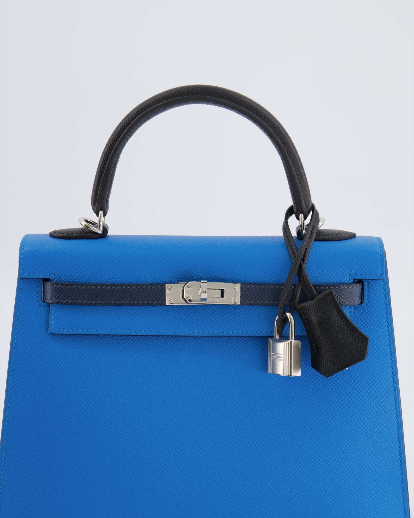 Hermes Kelly II Tricolour 25 Sellier Bag in Bleu Zanzibar, Bleu De Prusse and Noir Epsom Leather with Palladium Hardware