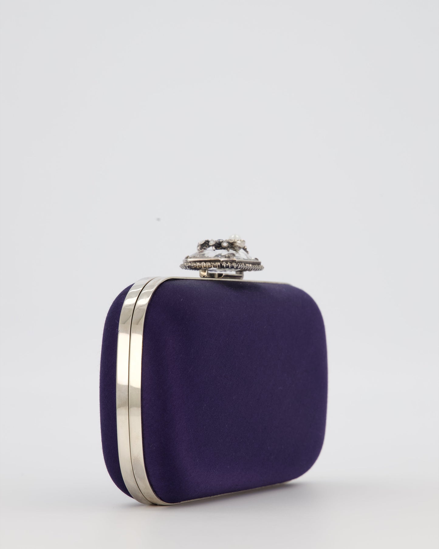 Alexander McQueen Navy Satin Clutch Bag with Silver Hardware