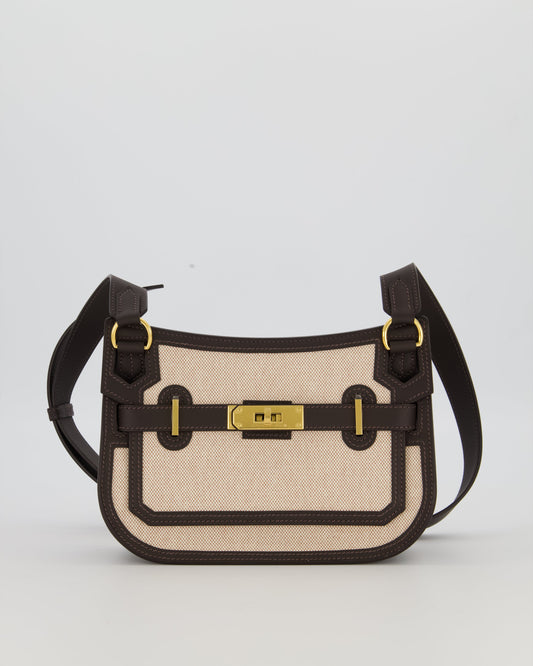 Hermes Mini Jypsiere Crossbody Bag in Bai Brun Swift Leather and Cream Canvas with Gold Hardware