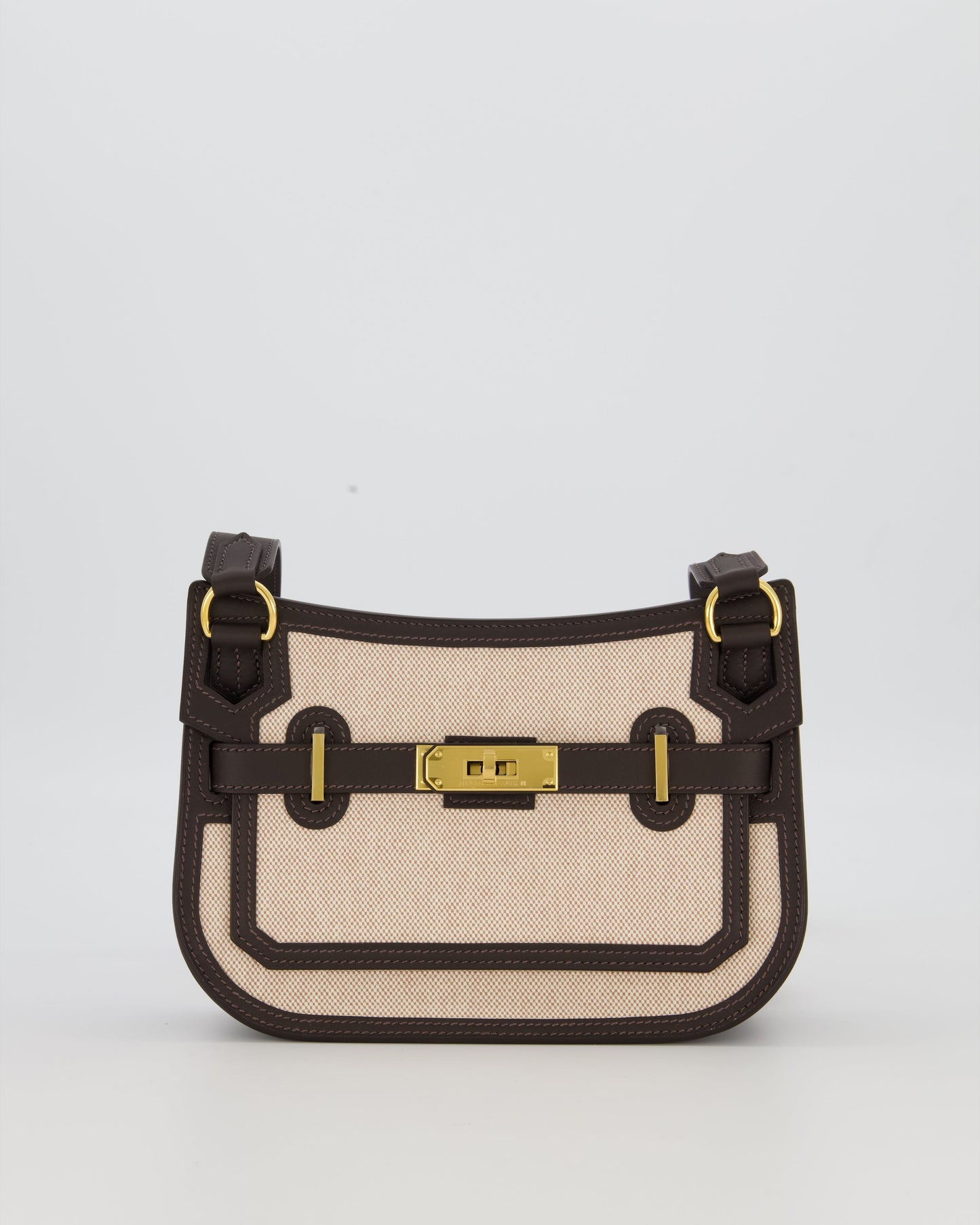 Hermes Mini Jypsiere Crossbody Bag in Bai Brun Swift Leather and Cream Canvas with Gold Hardware