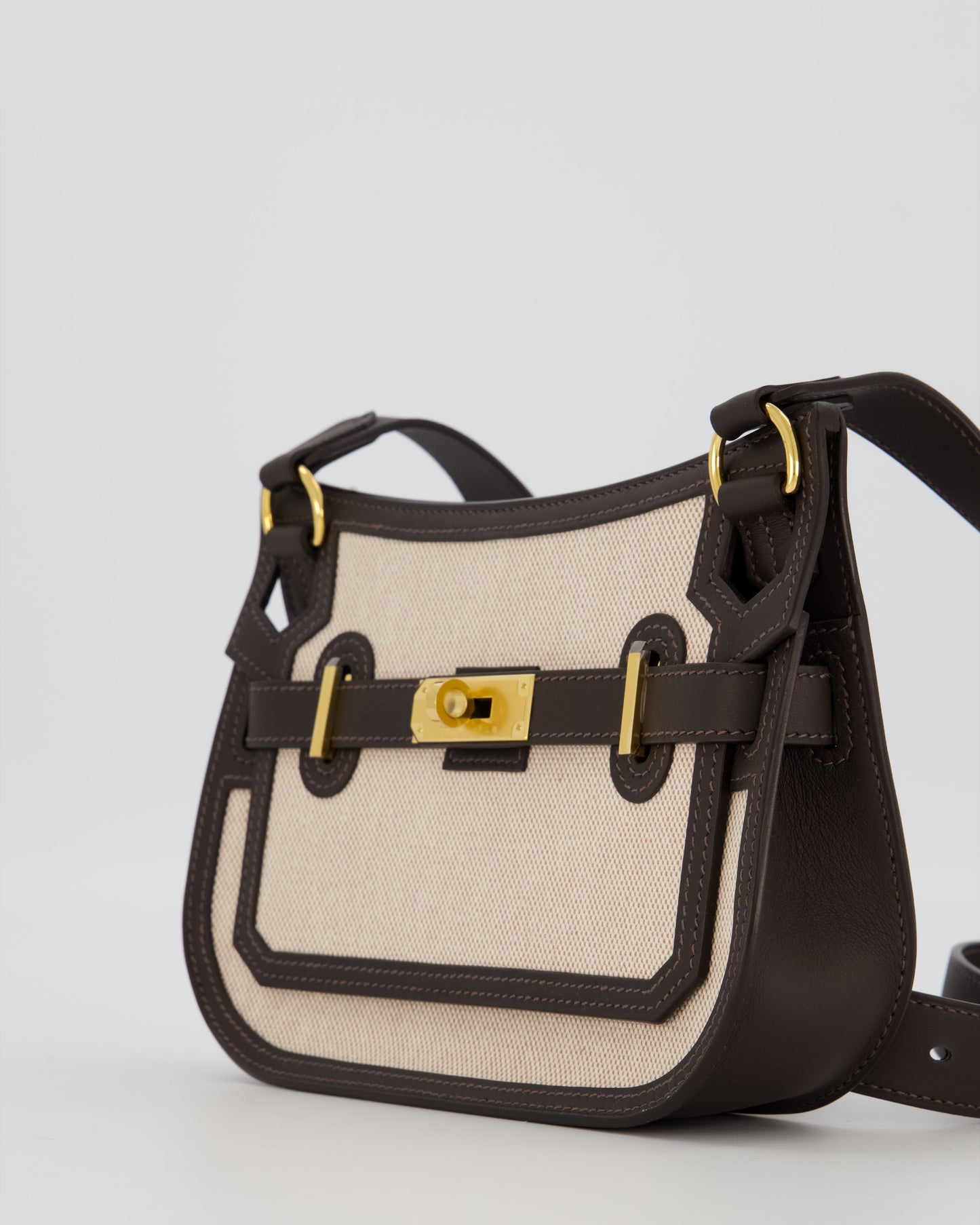 Hermes Mini Jypsiere Crossbody Bag in Bai Brun Swift Leather and Cream Canvas with Gold Hardware