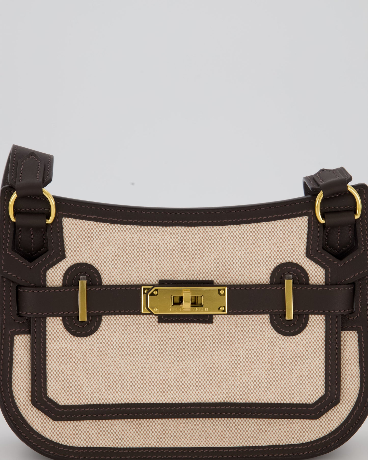 Hermes Mini Jypsiere Crossbody Bag in Bai Brun Swift Leather and Cream Canvas with Gold Hardware