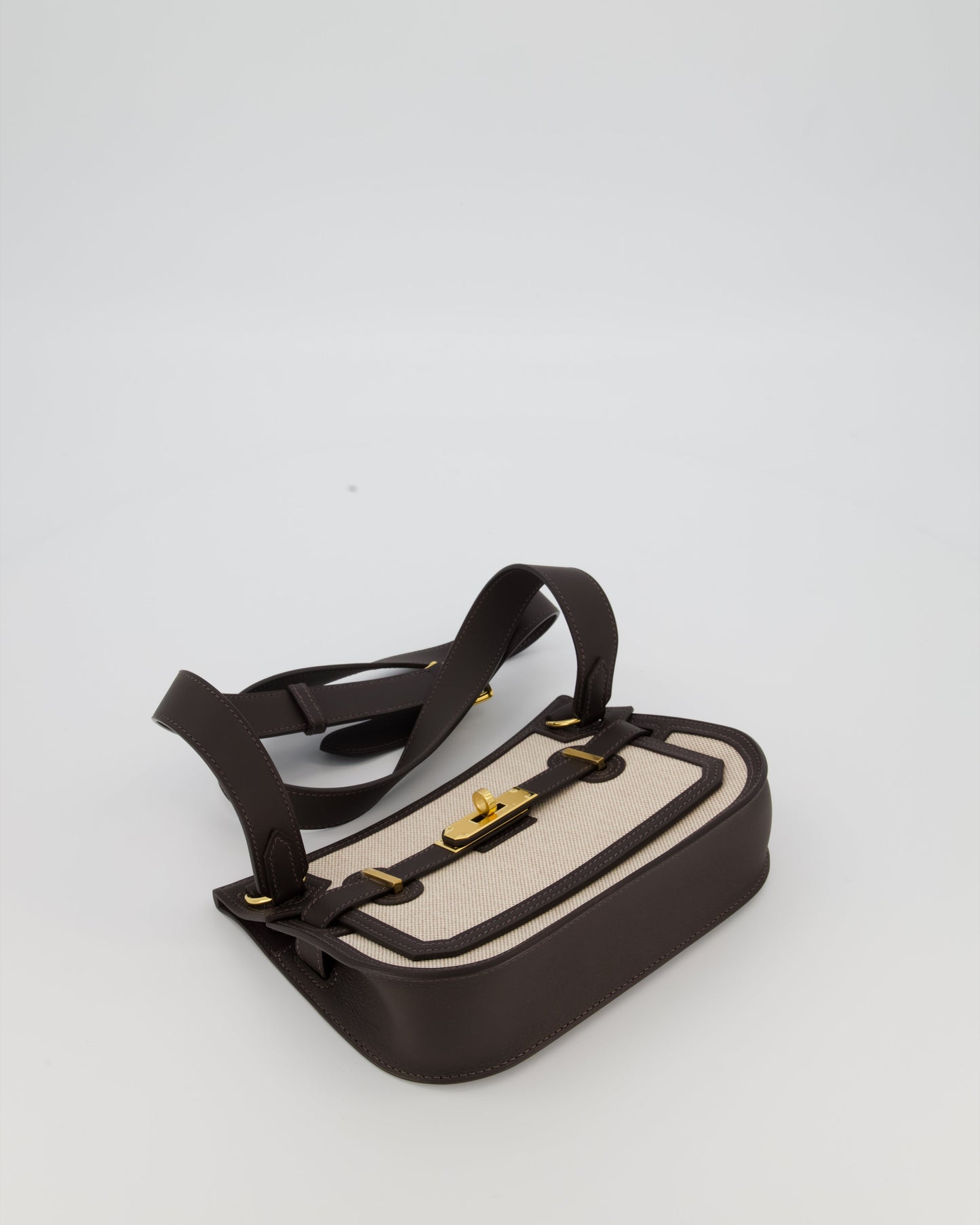 Hermes Mini Jypsiere Crossbody Bag in Bai Brun Swift Leather and Cream Canvas with Gold Hardware