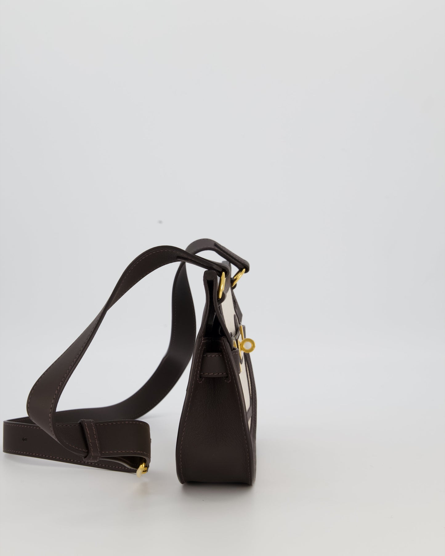 Hermes Mini Jypsiere Crossbody Bag in Bai Brun Swift Leather and Cream Canvas with Gold Hardware