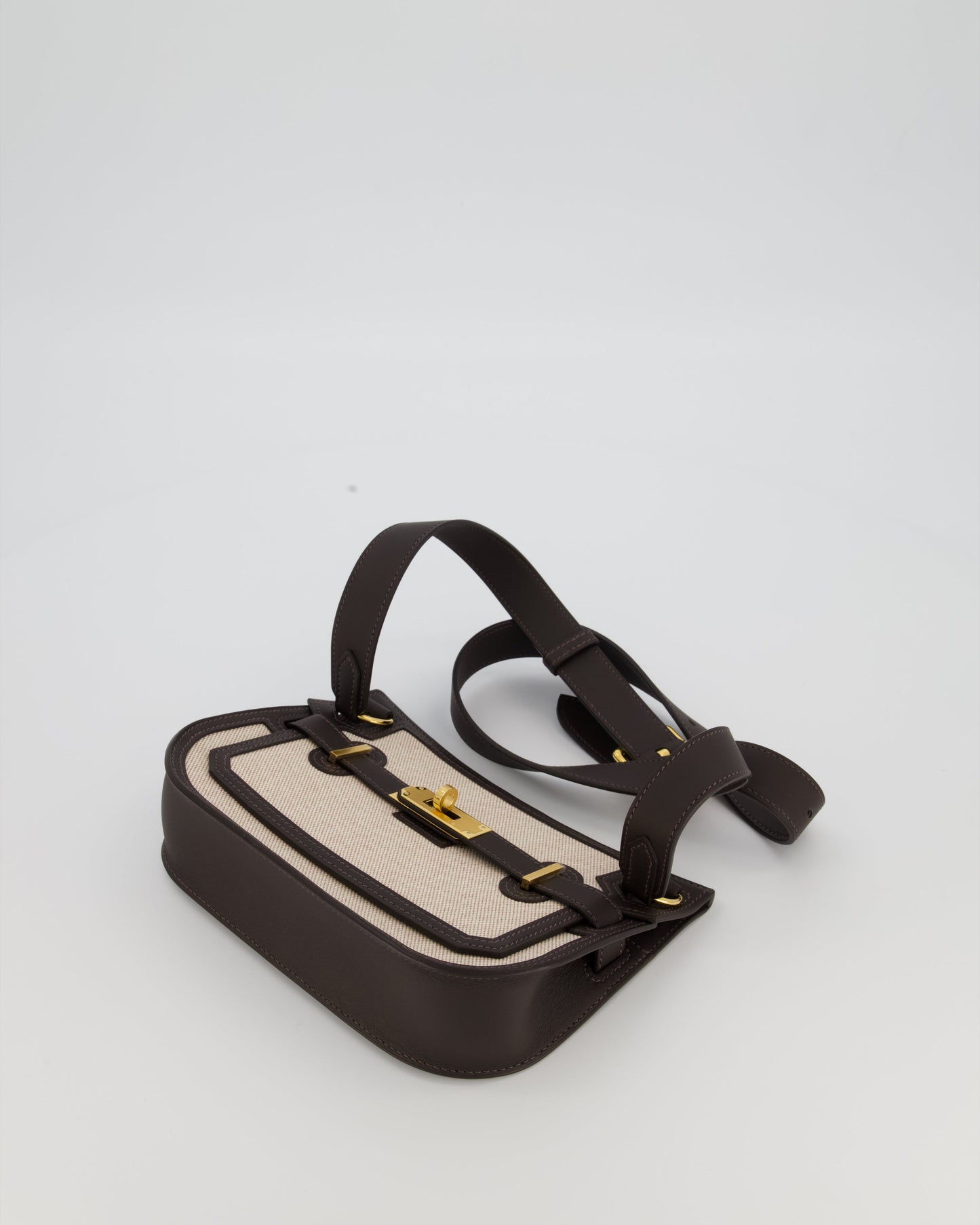 Hermes Mini Jypsiere Crossbody Bag in Bai Brun Swift Leather and Cream Canvas with Gold Hardware