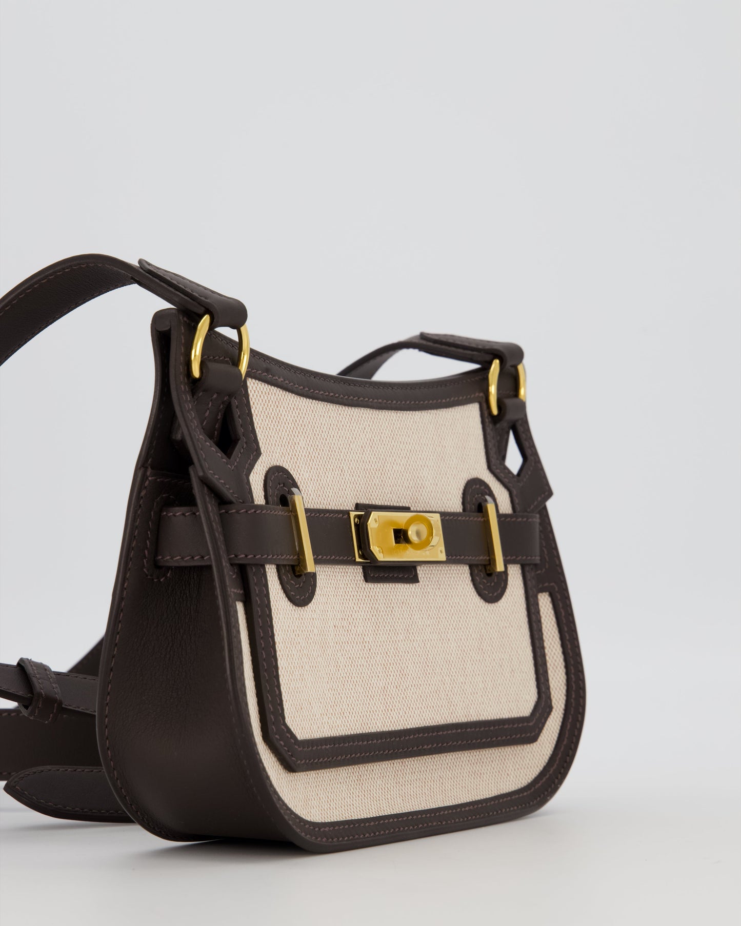 Hermes Mini Jypsiere Crossbody Bag in Bai Brun Swift Leather and Cream Canvas with Gold Hardware