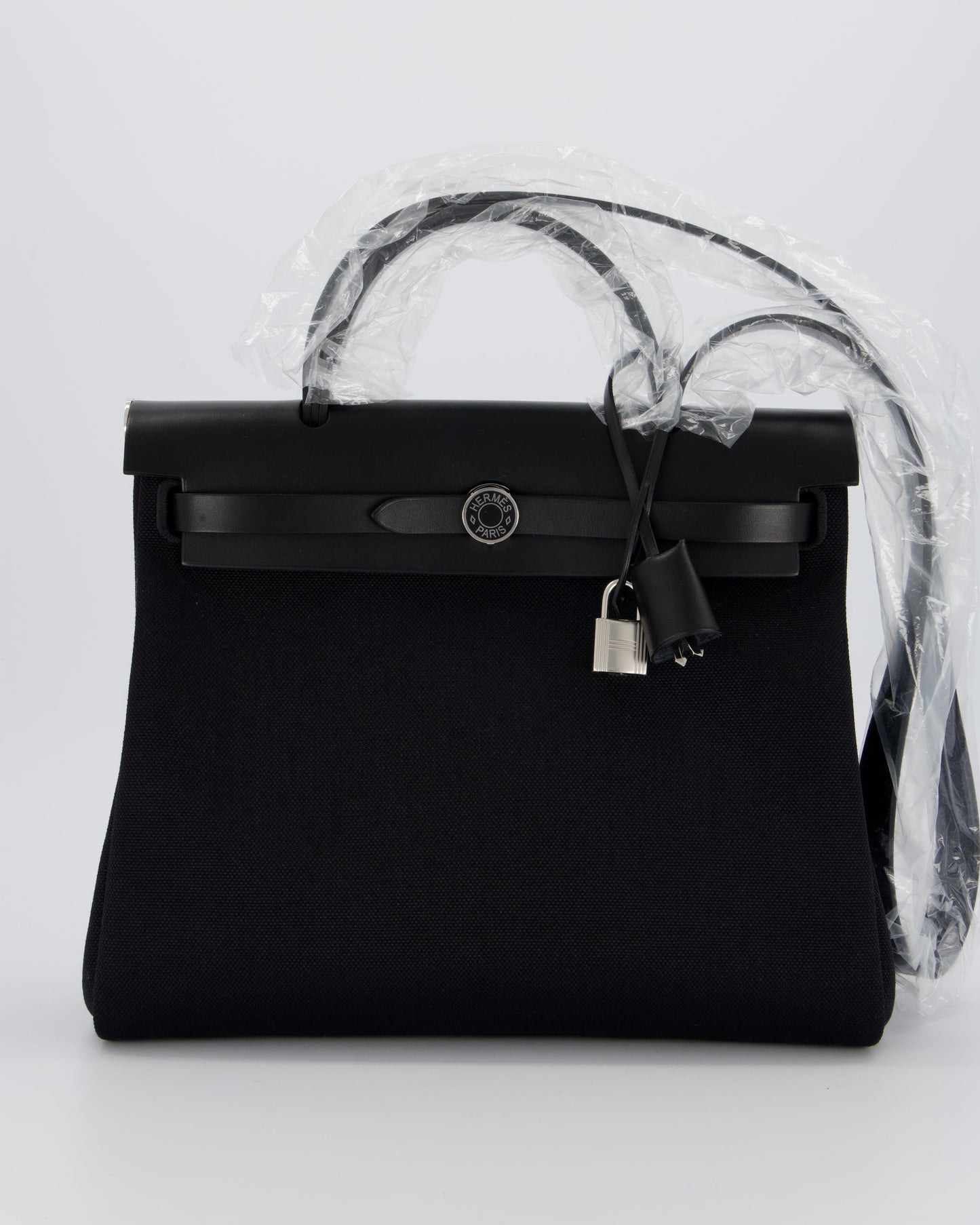 *HOT & RARE* Hermes Herbag 31 Laque Zip Bag in Noir Toile Militaire Canvas, Noir Vache Hunter Leather with Palladium & Noir Hardware