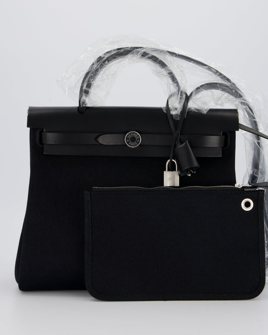 *HOT & RARE* Hermes Herbag 31 Laque Zip Bag in Noir Toile Militaire Canvas, Noir Vache Hunter Leather with Palladium & Noir Hardware