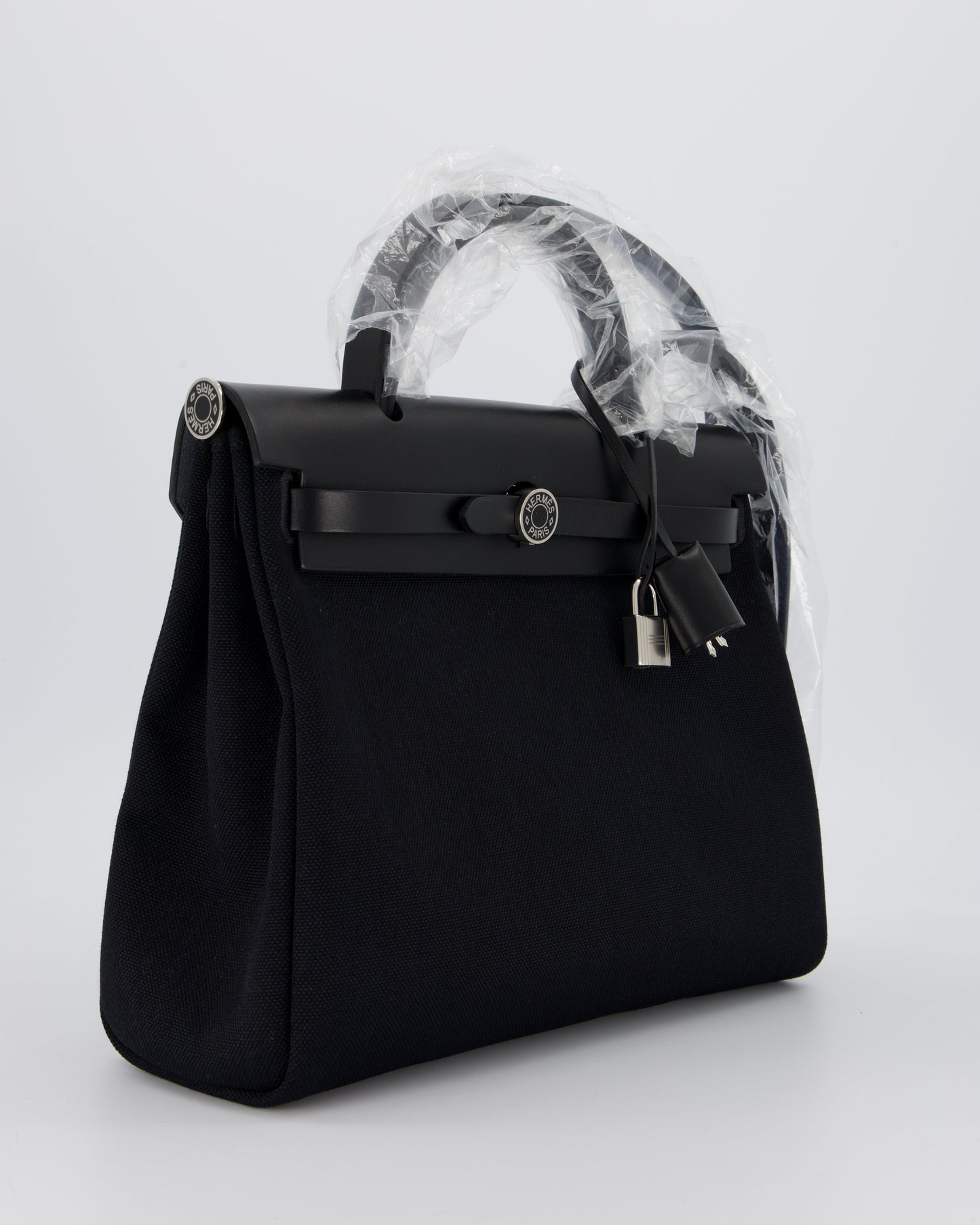 *HOT & RARE* Hermes Herbag 31 Laque Zip Bag in Noir Toile Militaire Canvas, Noir Vache Hunter Leather with Palladium & Noir Hardware