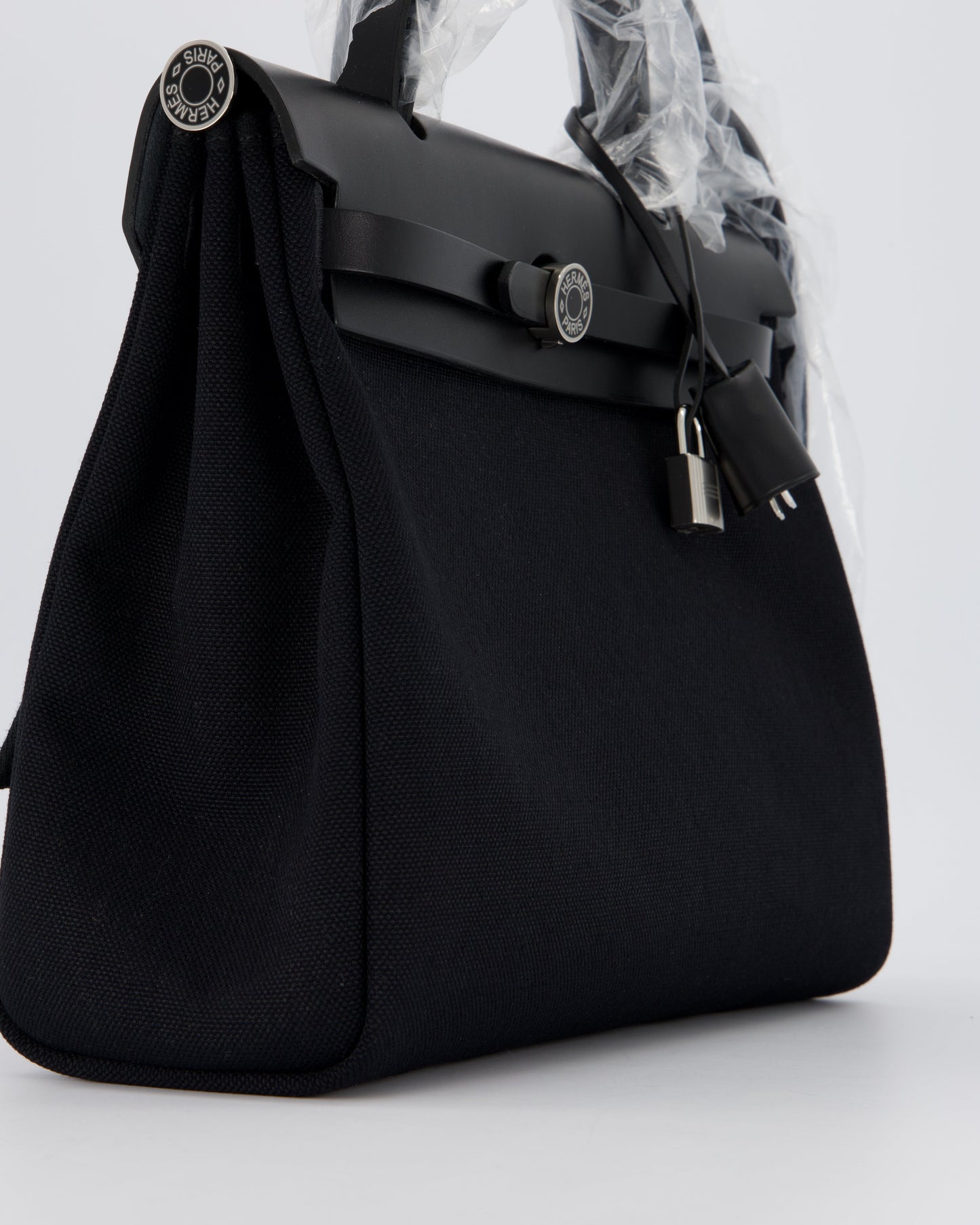 *HOT & RARE* Hermes Herbag 31 Laque Zip Bag in Noir Toile Militaire Canvas, Noir Vache Hunter Leather with Palladium & Noir Hardware