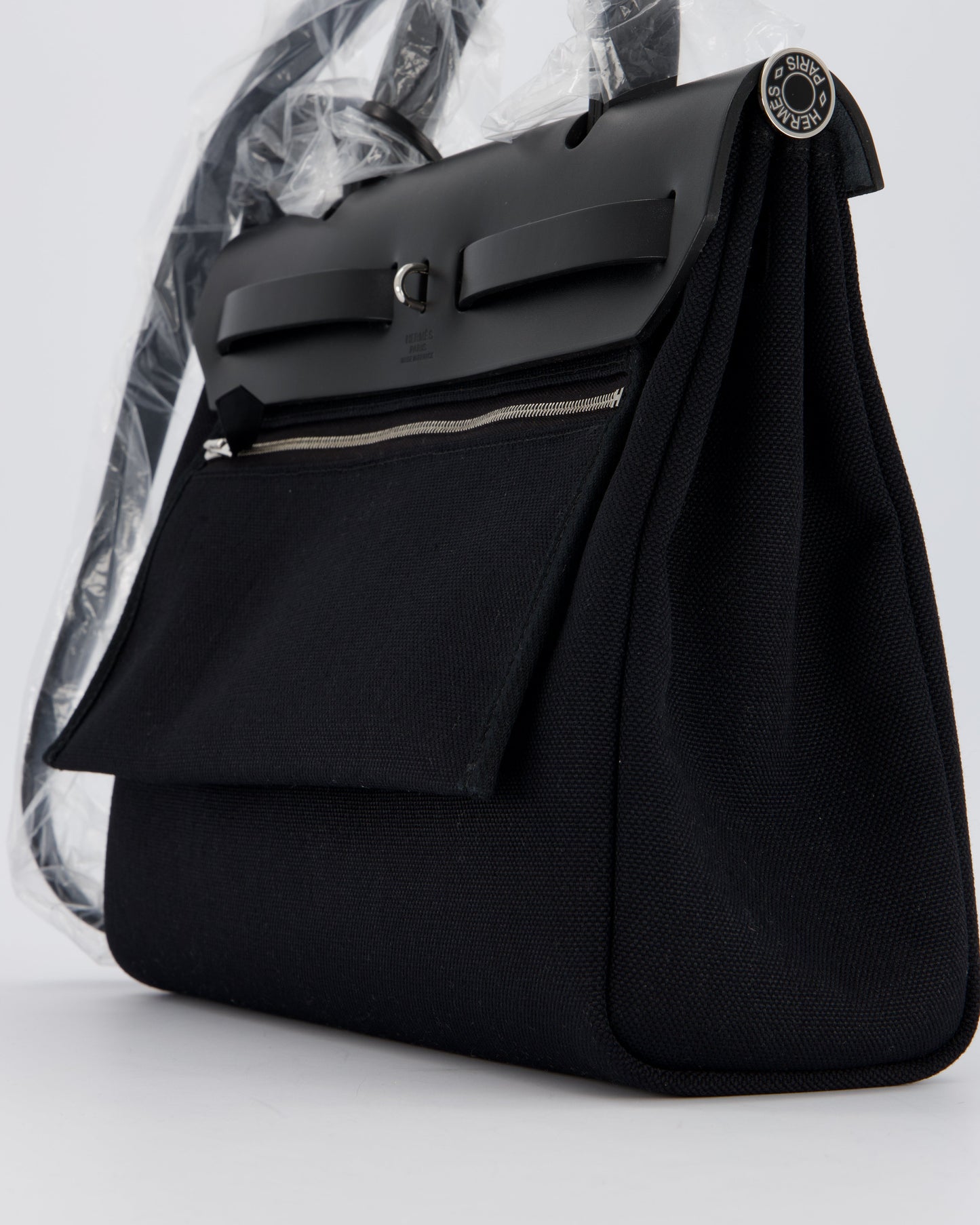 *HOT & RARE* Hermes Herbag 31 Laque Zip Bag in Noir Toile Militaire Canvas, Noir Vache Hunter Leather with Palladium & Noir Hardware