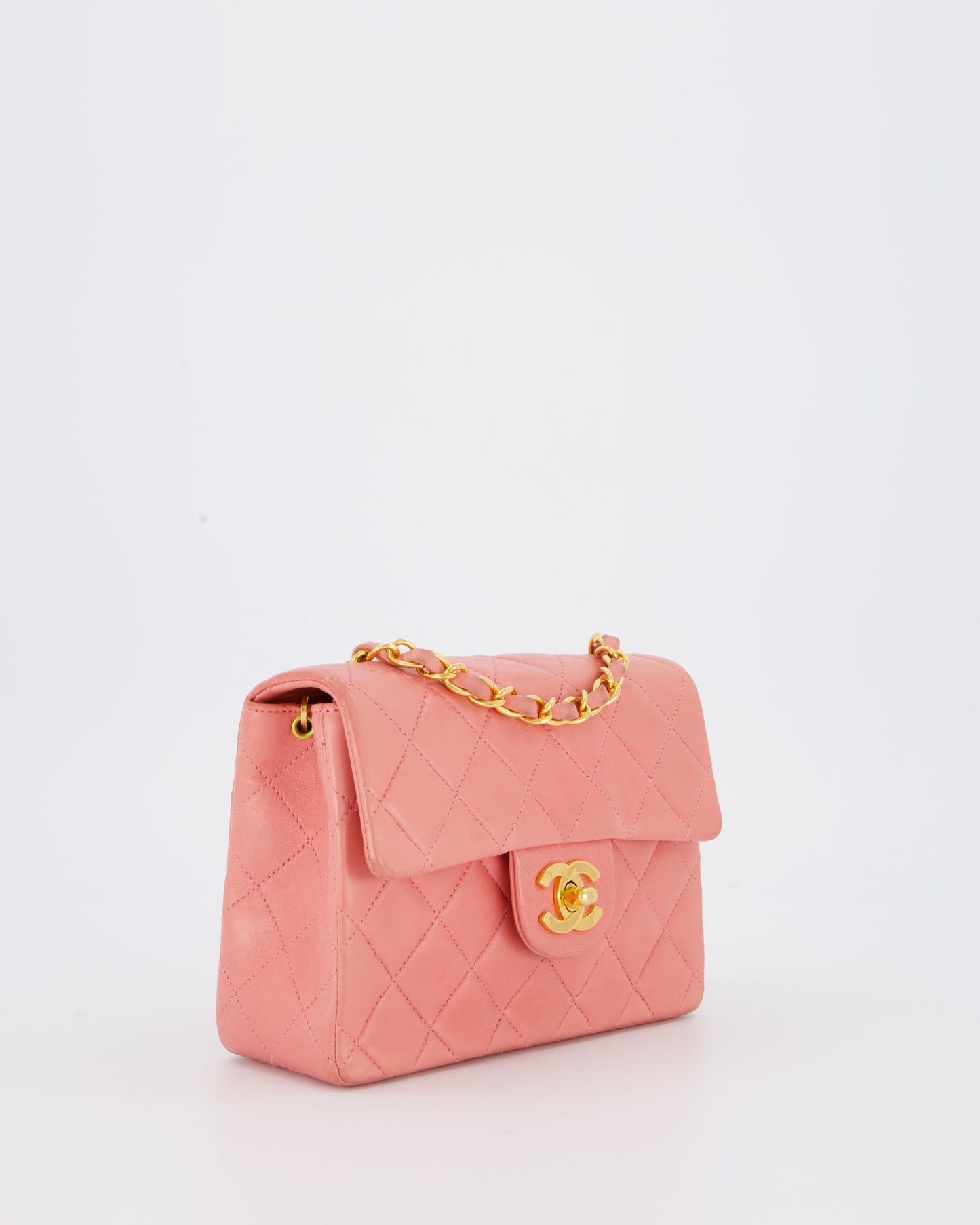 Chanel Pink Vintage Mini Square Single Flap Bag In Lambskin Leather With 24K Gold Hardware