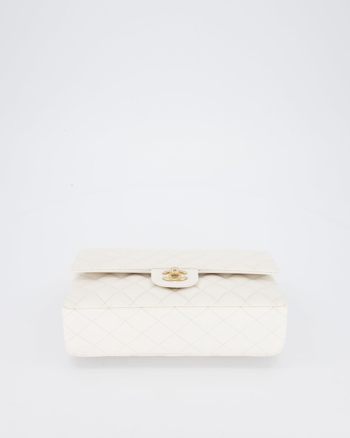Chanel White Medium Classic Double Flap Bag in Caviar Leather with Champagne Gold Hardware