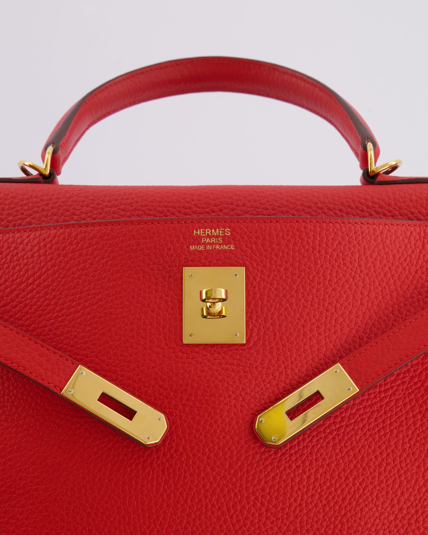 Hermes Kelly 35 Retourne Bag in Rouge Casaque Clemence Leather with Gold Hardware
