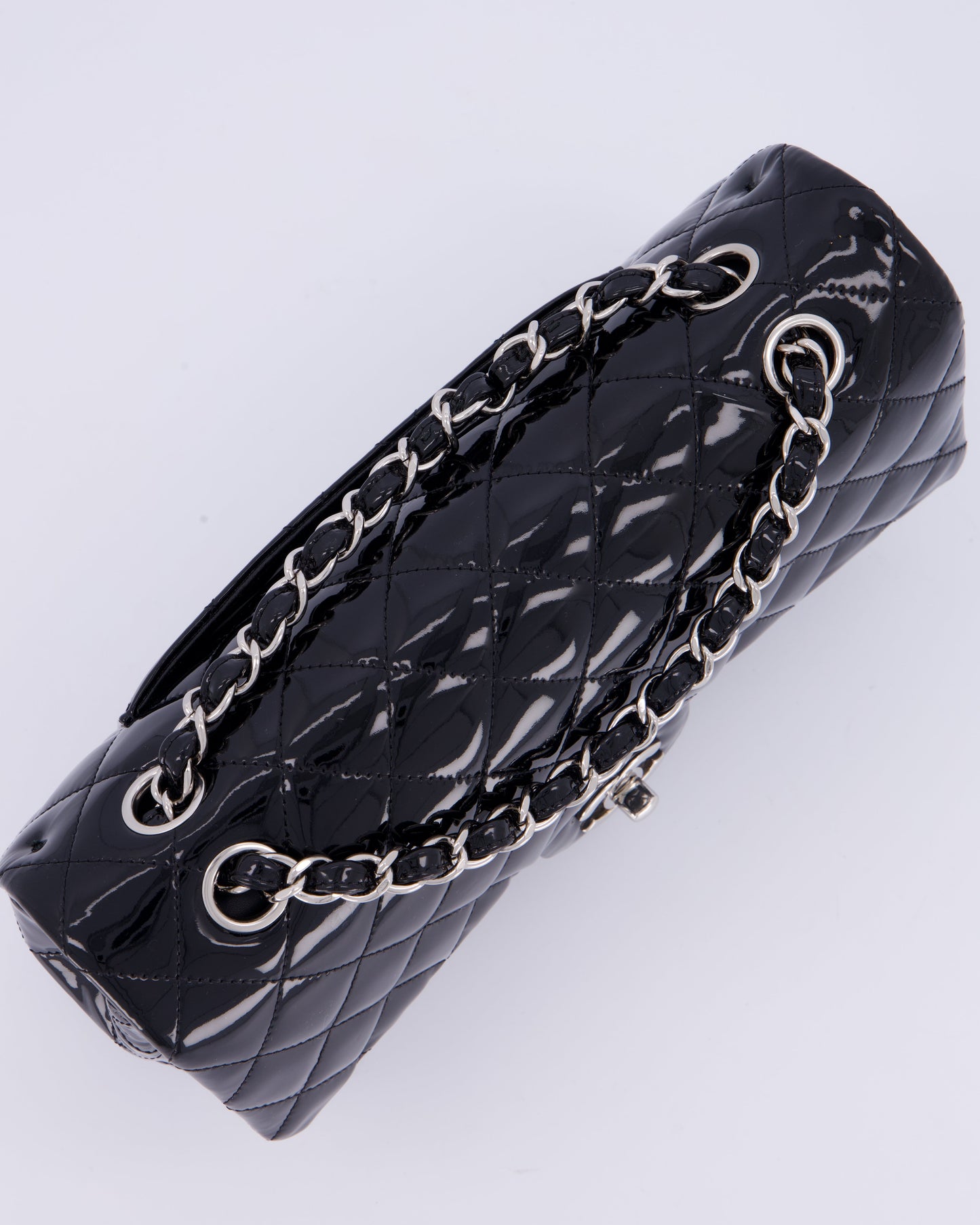 Chanel Medium Double Flap Bag in Black Patent Leather with Silver Hardware