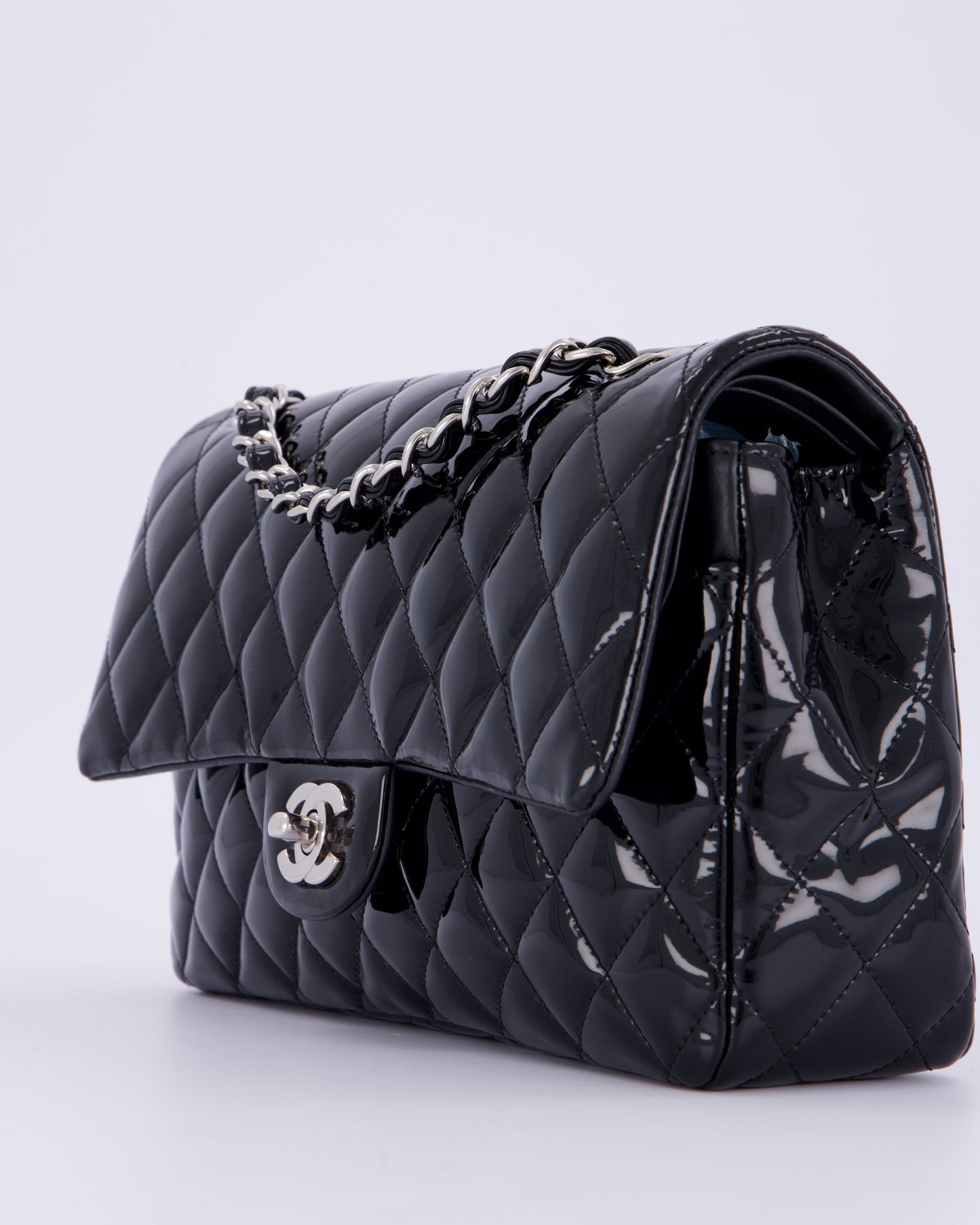 Chanel Medium Double Flap Bag in Black Patent Leather with Silver Hardware