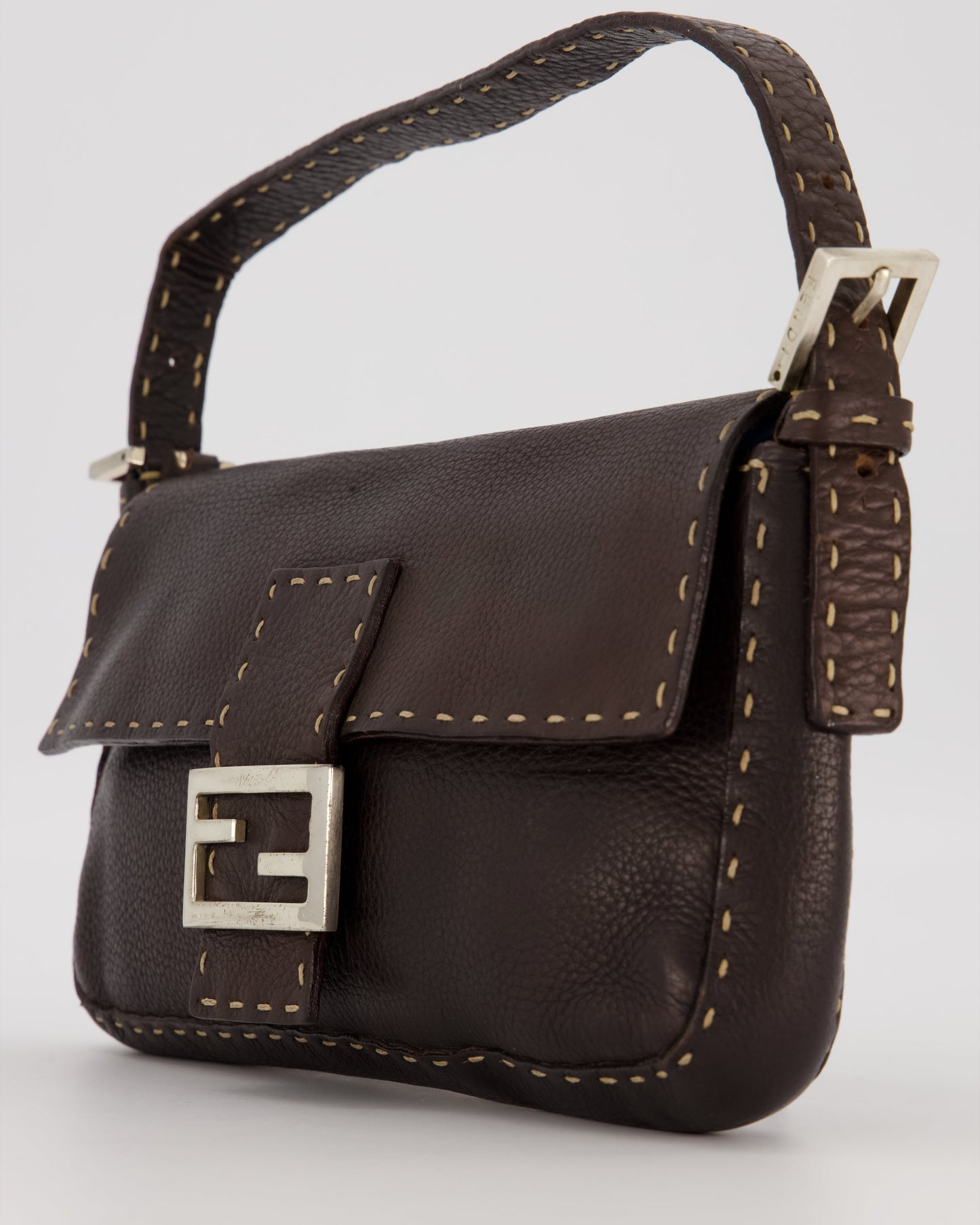 Fendi Selleria Brown Stitched Edge Baguette Bag in Cuoio Romano Leather with Silver Hardware