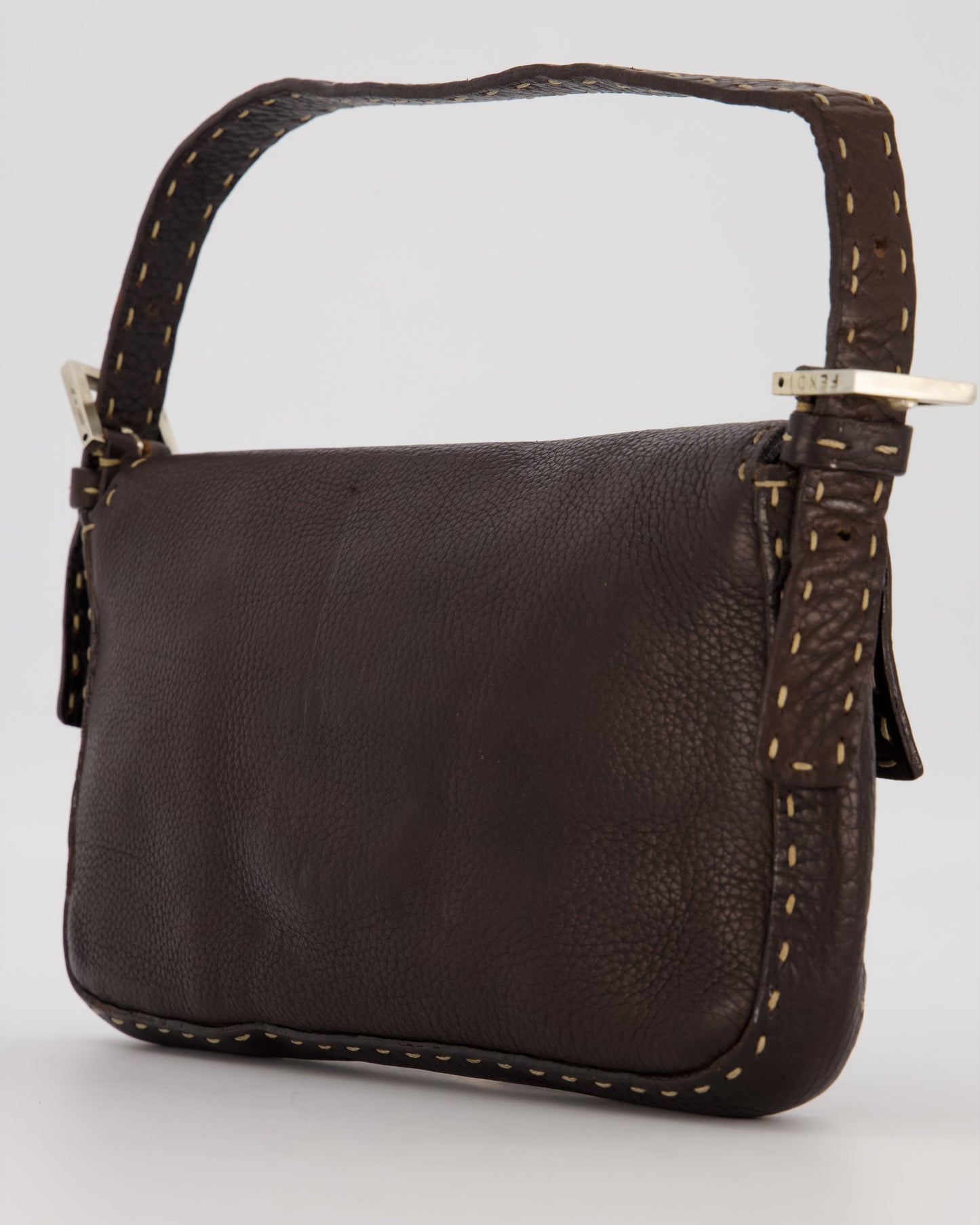 Fendi Selleria Brown Stitched Edge Baguette Bag in Cuoio Romano Leather with Silver Hardware