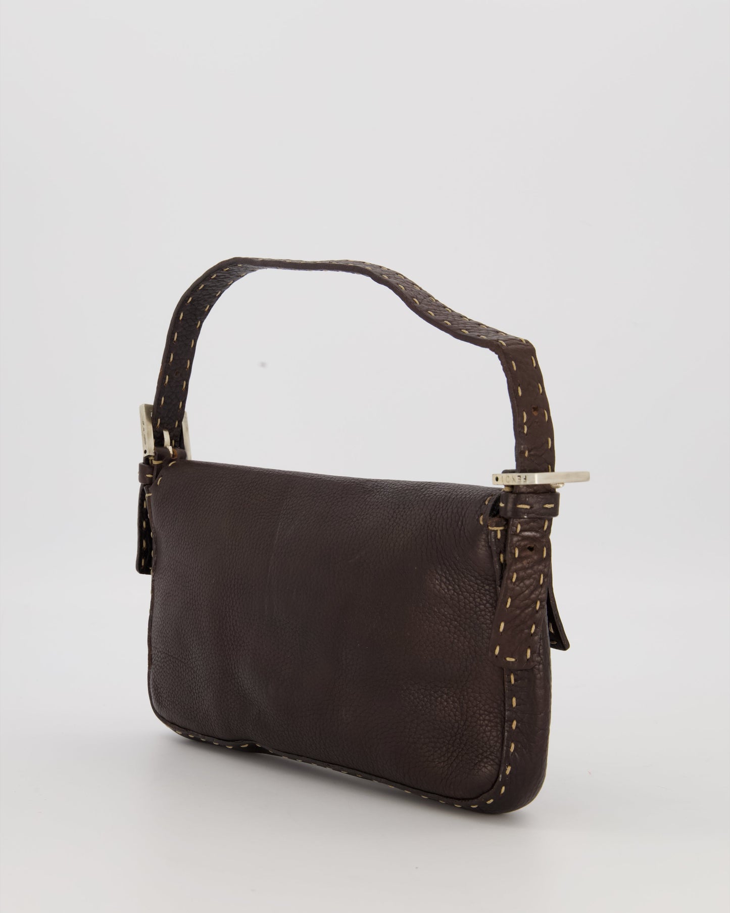 Fendi Selleria Brown Stitched Edge Baguette Bag in Cuoio Romano Leather with Silver Hardware