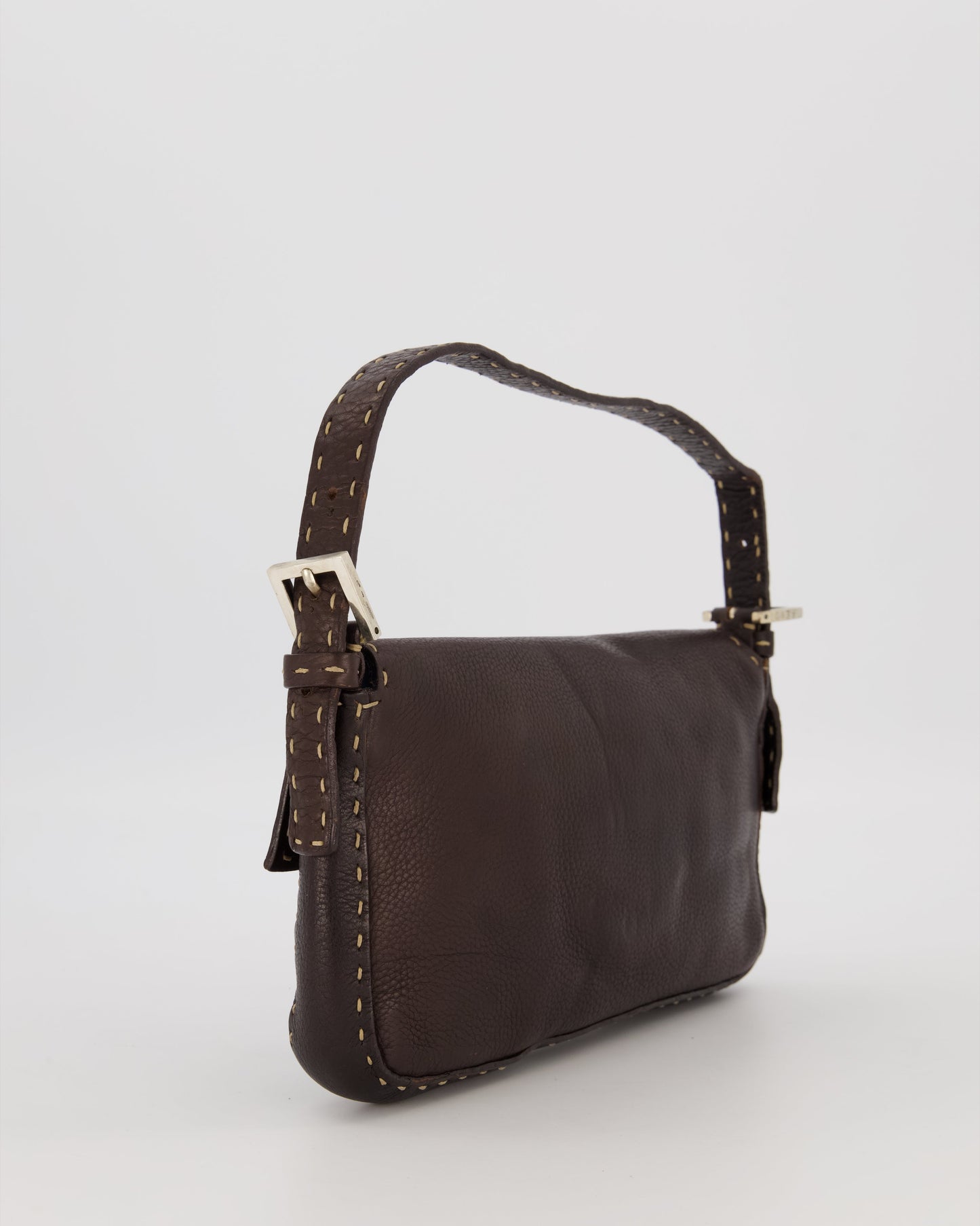 Fendi Selleria Brown Stitched Edge Baguette Bag in Cuoio Romano Leather with Silver Hardware