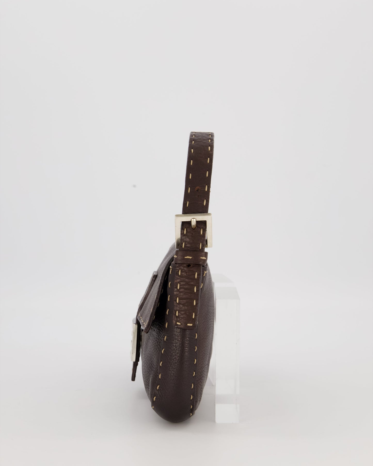 Fendi Selleria Brown Stitched Edge Baguette Bag in Cuoio Romano Leather with Silver Hardware