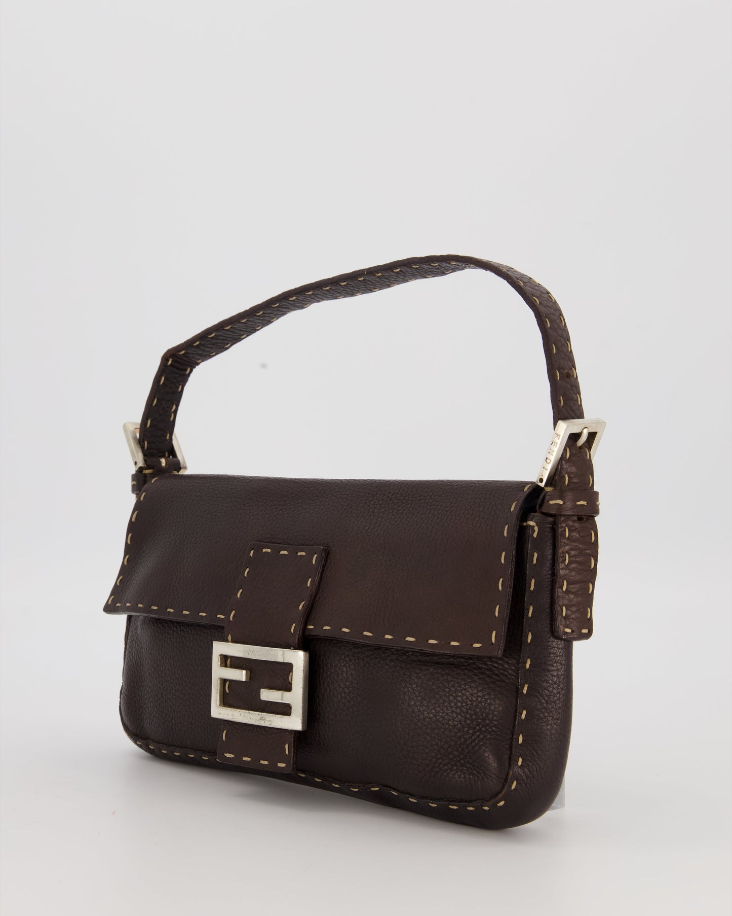 Fendi Selleria Brown Stitched Edge Baguette Bag in Cuoio Romano Leather with Silver Hardware