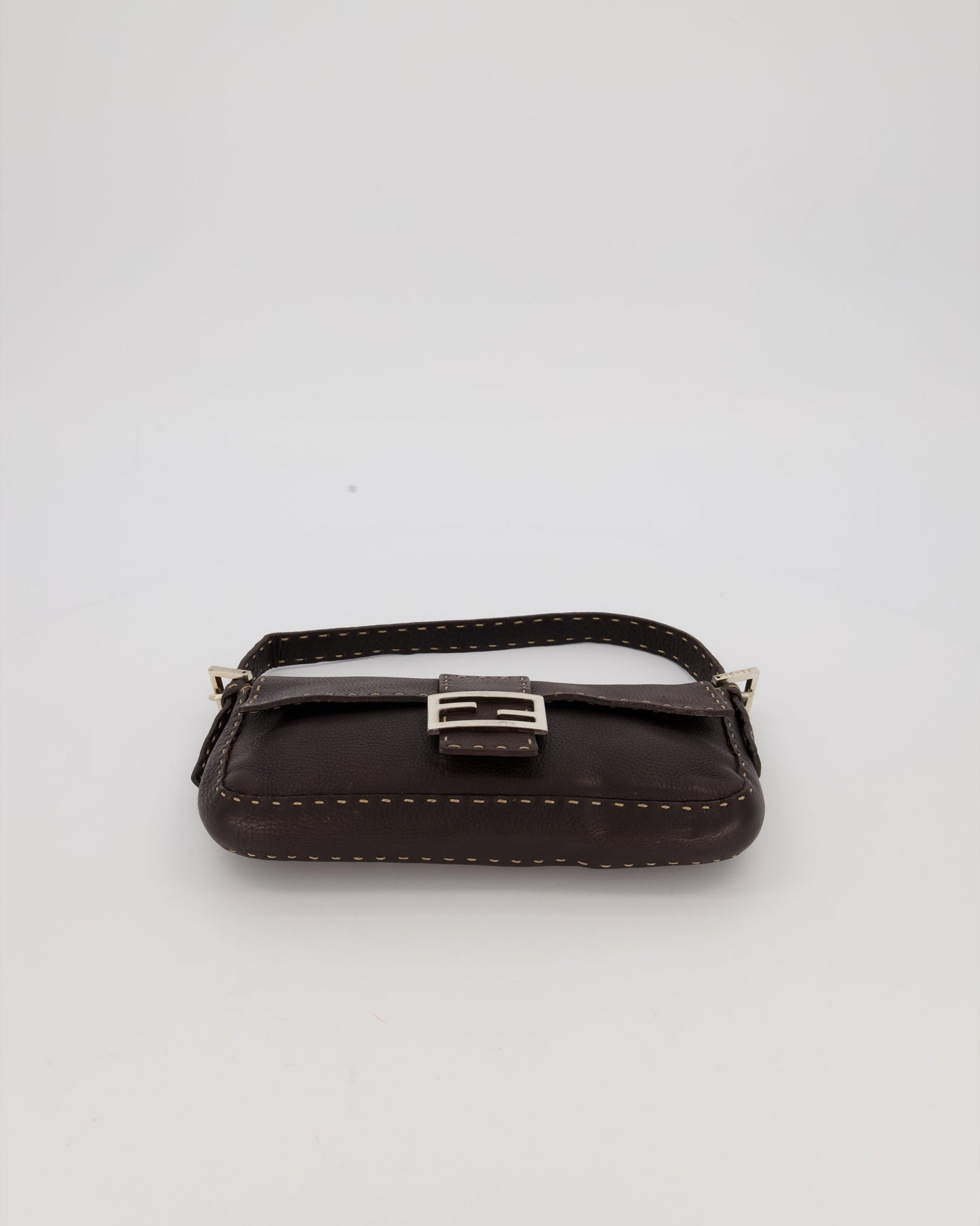 Fendi Selleria Brown Stitched Edge Baguette Bag in Cuoio Romano Leather with Silver Hardware