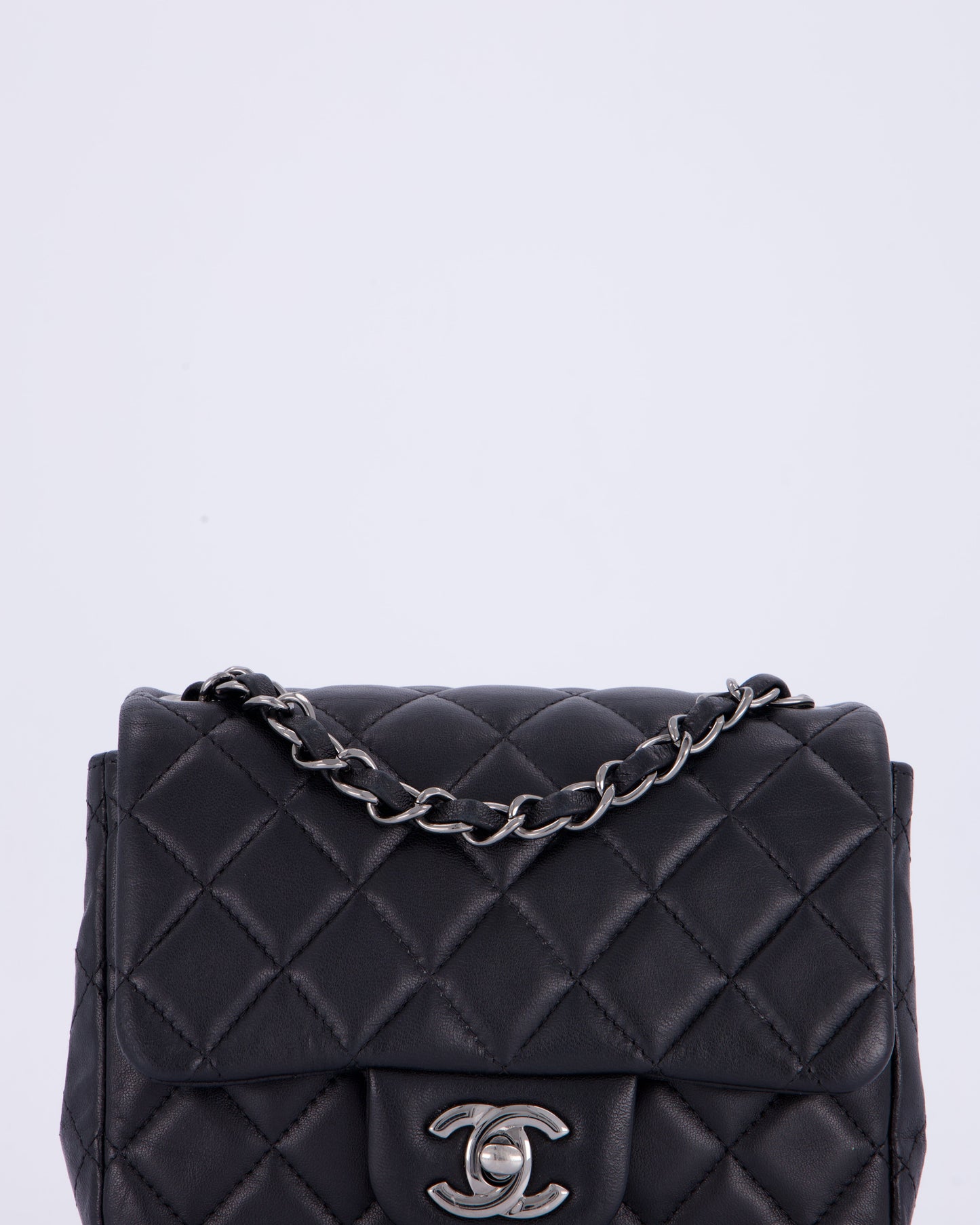 Chanel Black Mini Square Classic Flap Bag in Quilted Lambskin Leather with Ruthenium Hardware