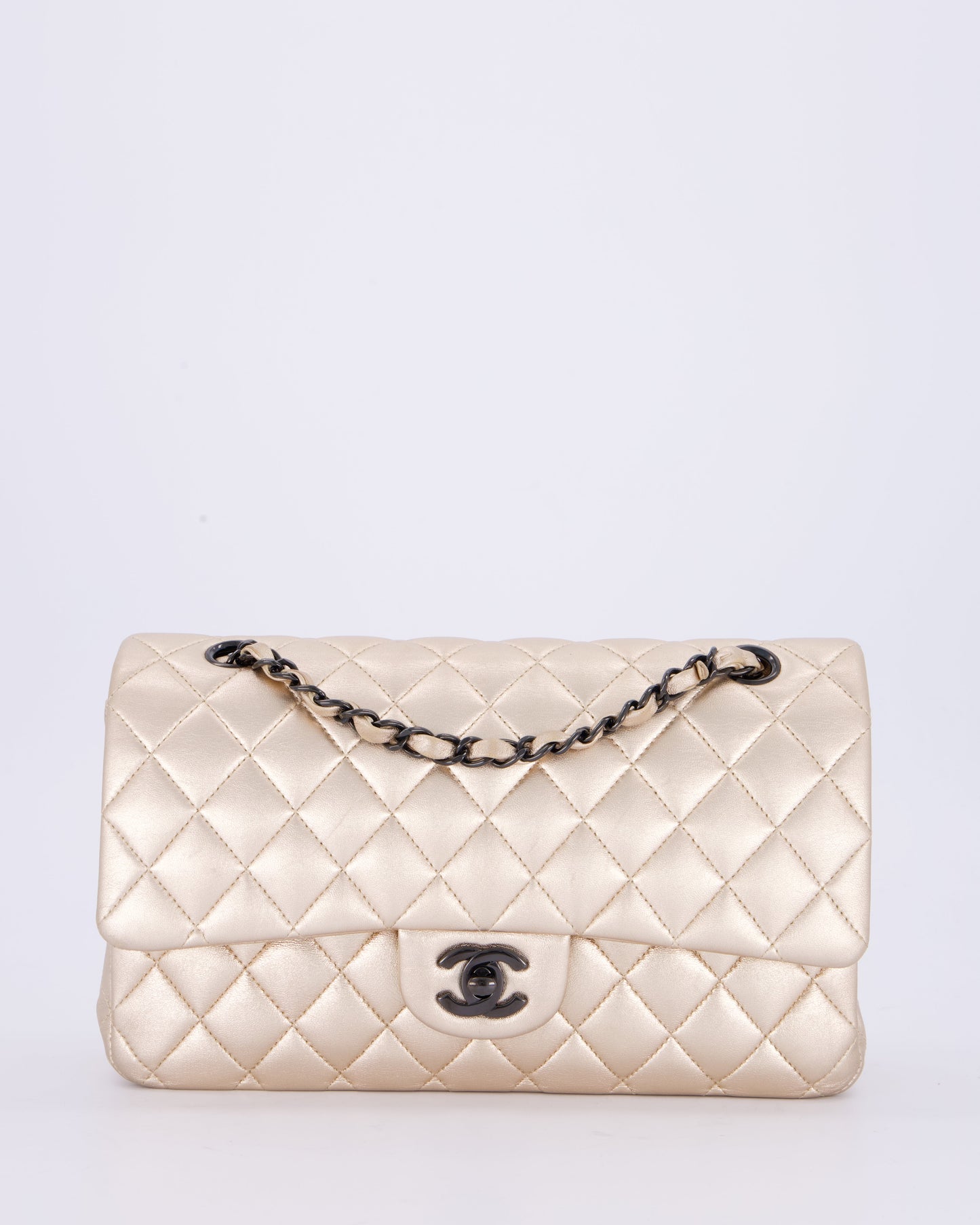 *RARE* Chanel Metallic Gold Medium Classic Double Flap Bag in Lambskin Leather with So Black Hardware